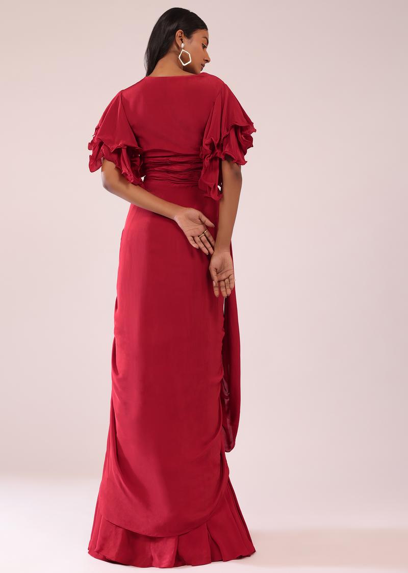 Red Saree Gown In Crepe With Frill Sleeves And Delicate Hand Embroidery