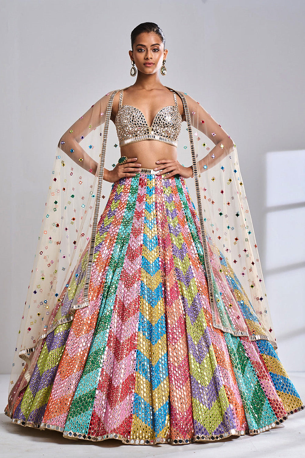 Multi-Coloured Mirror Work Lehenga Set
