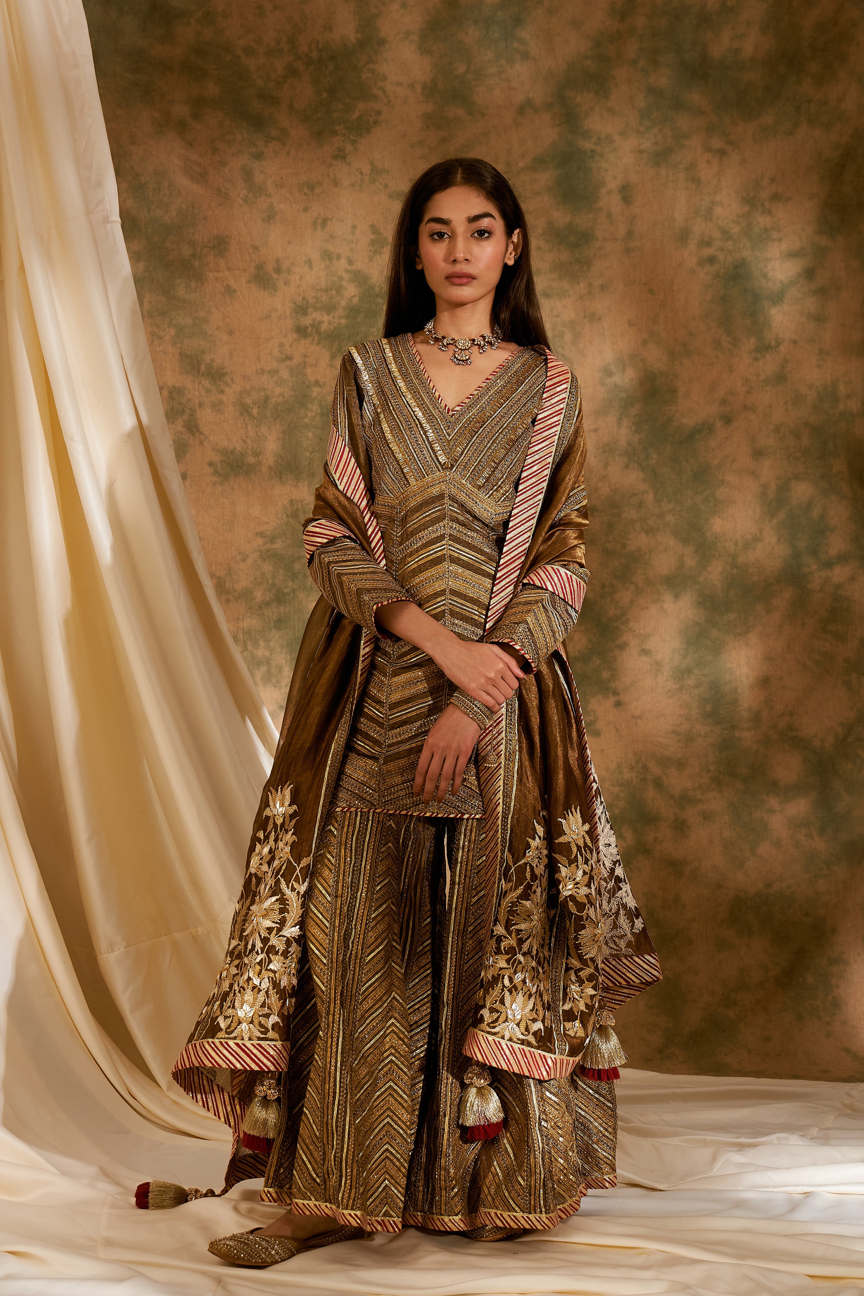Metallic Bronze Short Kurta & Sharara
