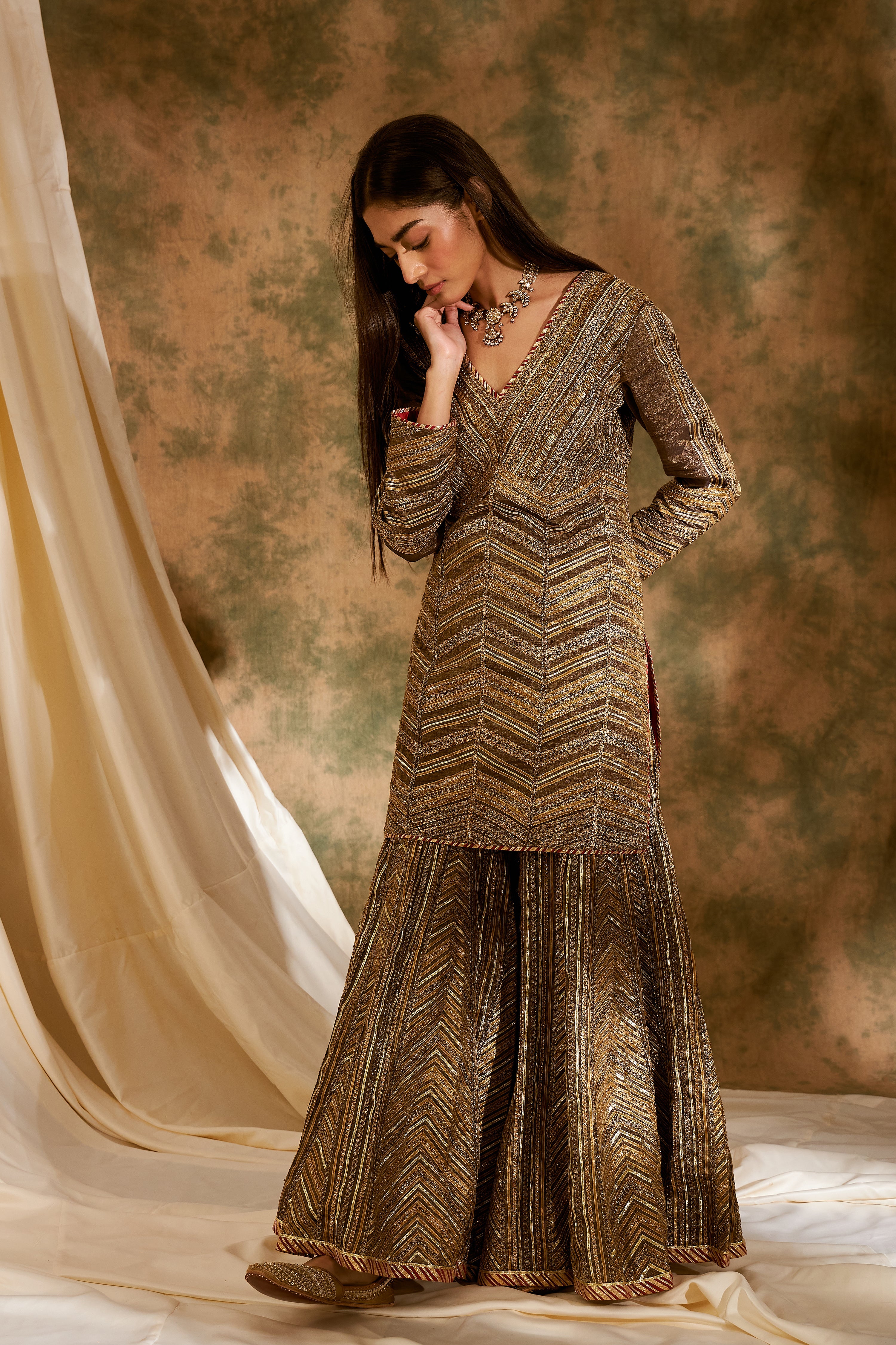 Metallic Bronze Short Kurta & Sharara