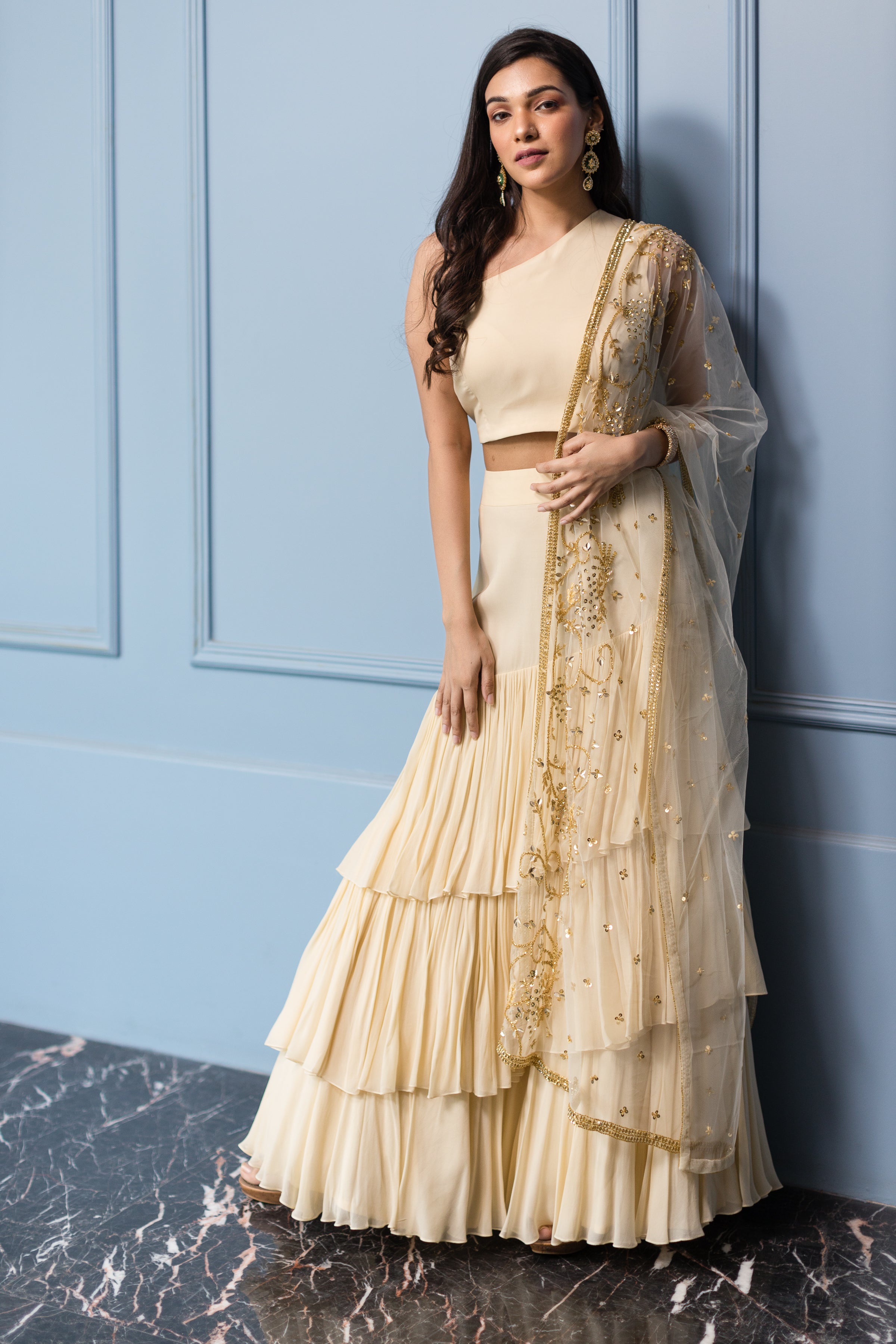 Ivory Tiered Skirt, Blouse And Embroidered Dupatta