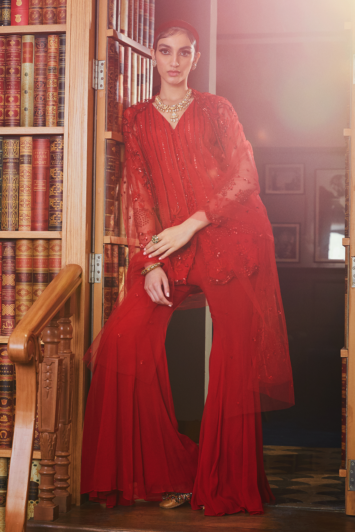 Red Tonal Short Kurta With Flared Pants