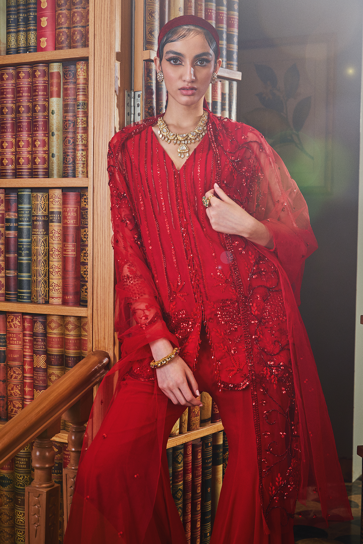 Red Tonal Short Kurta With Flared Pants