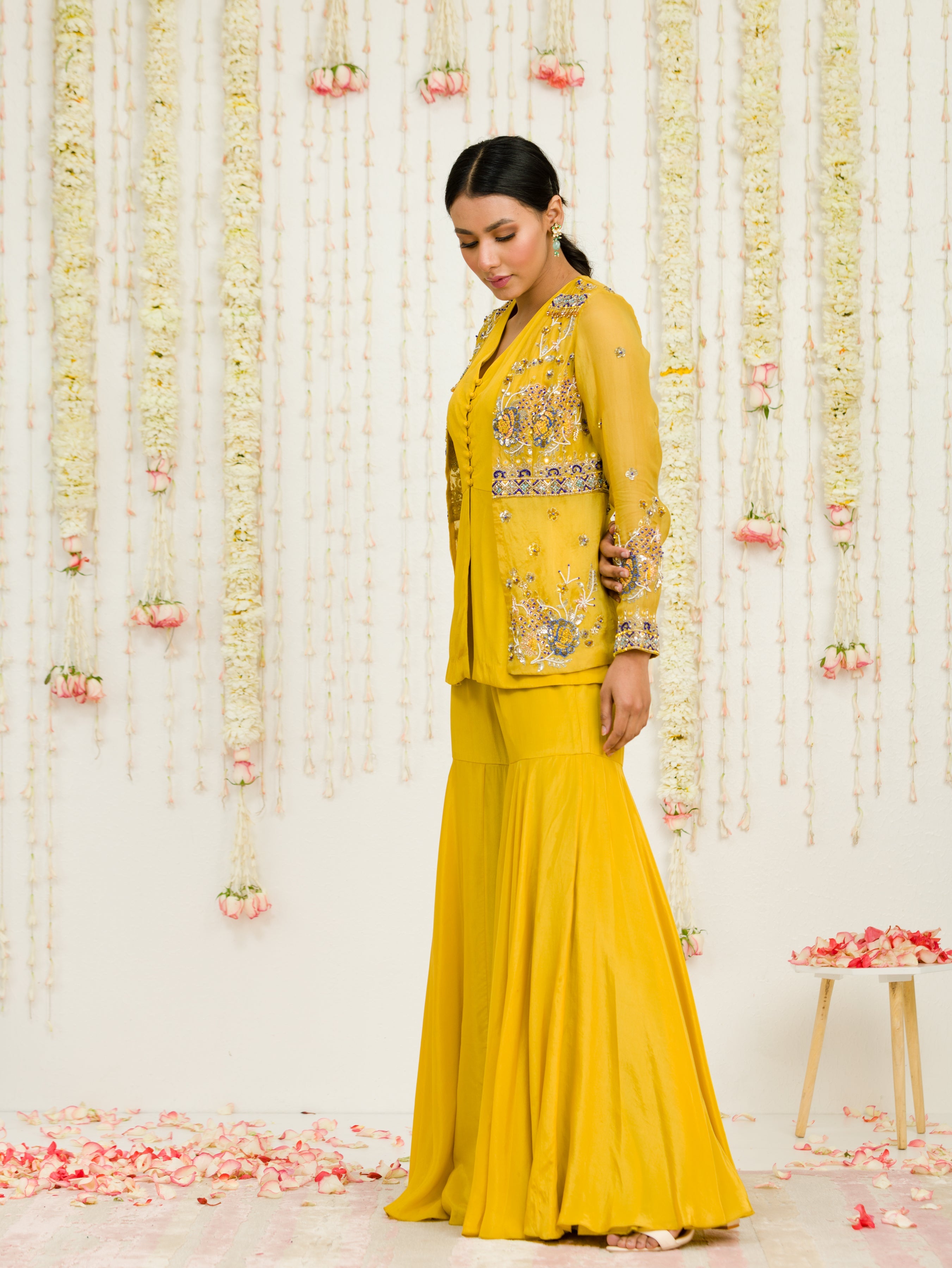 Mustard Organza Jacket And Sharara Set