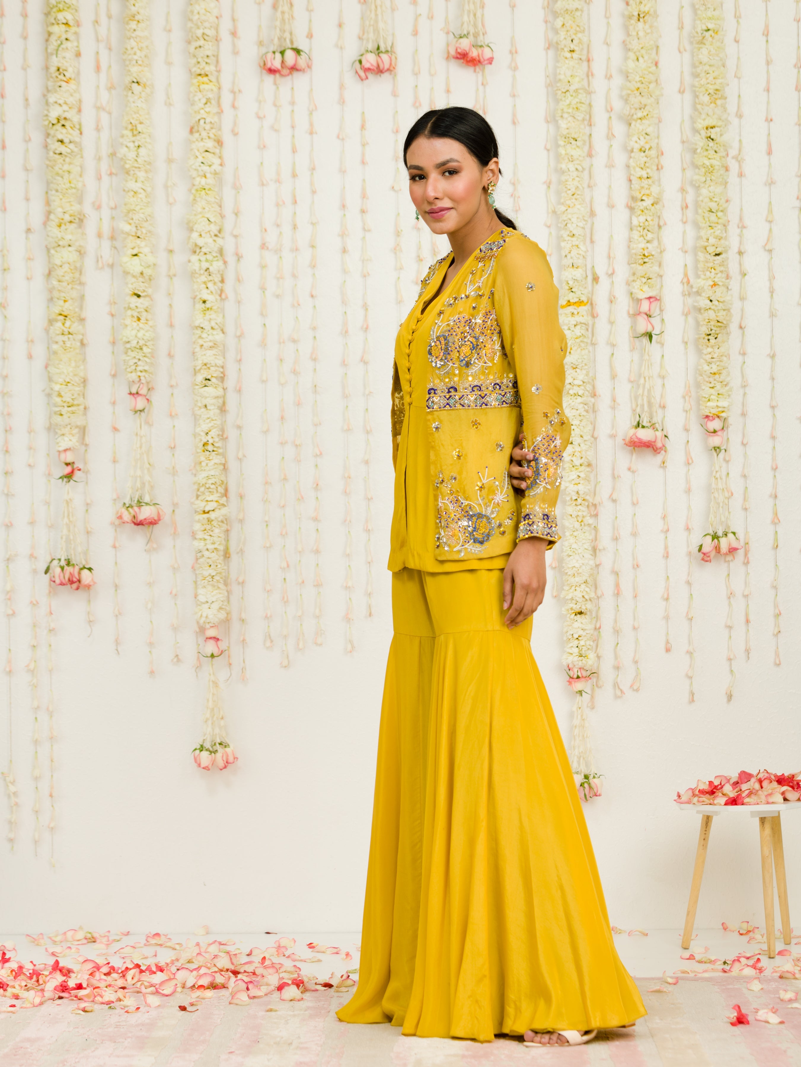 Mustard Organza Jacket And Sharara Set