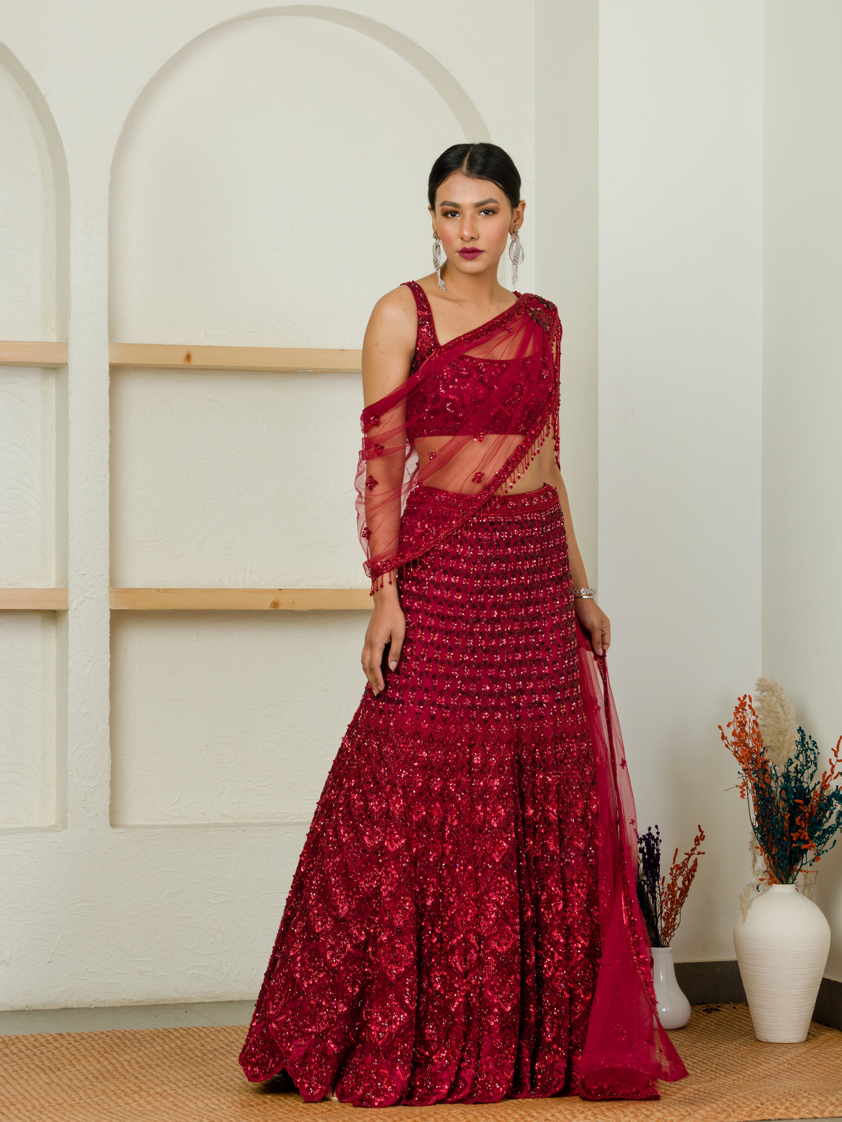 Ombre Red Hand Embroidered Lehenga And Cape Set