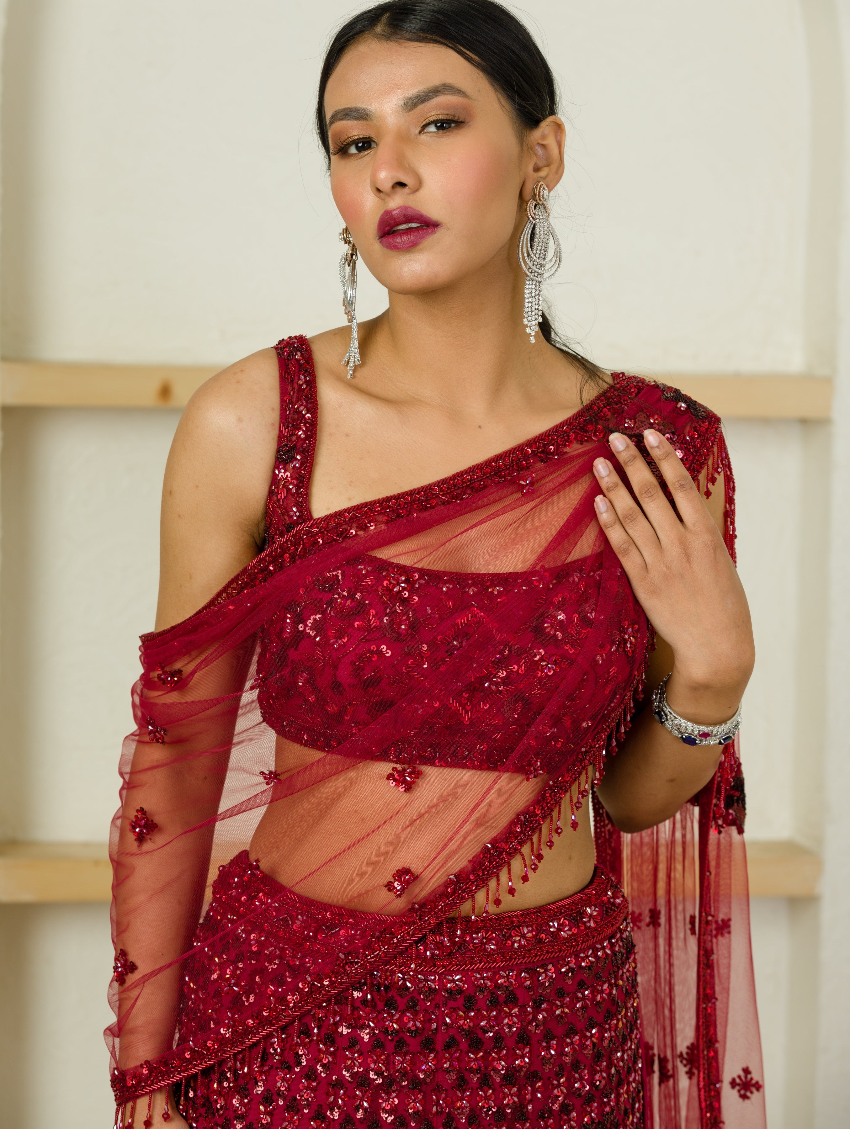Ombre Red Hand Embroidered Lehenga And Cape Set