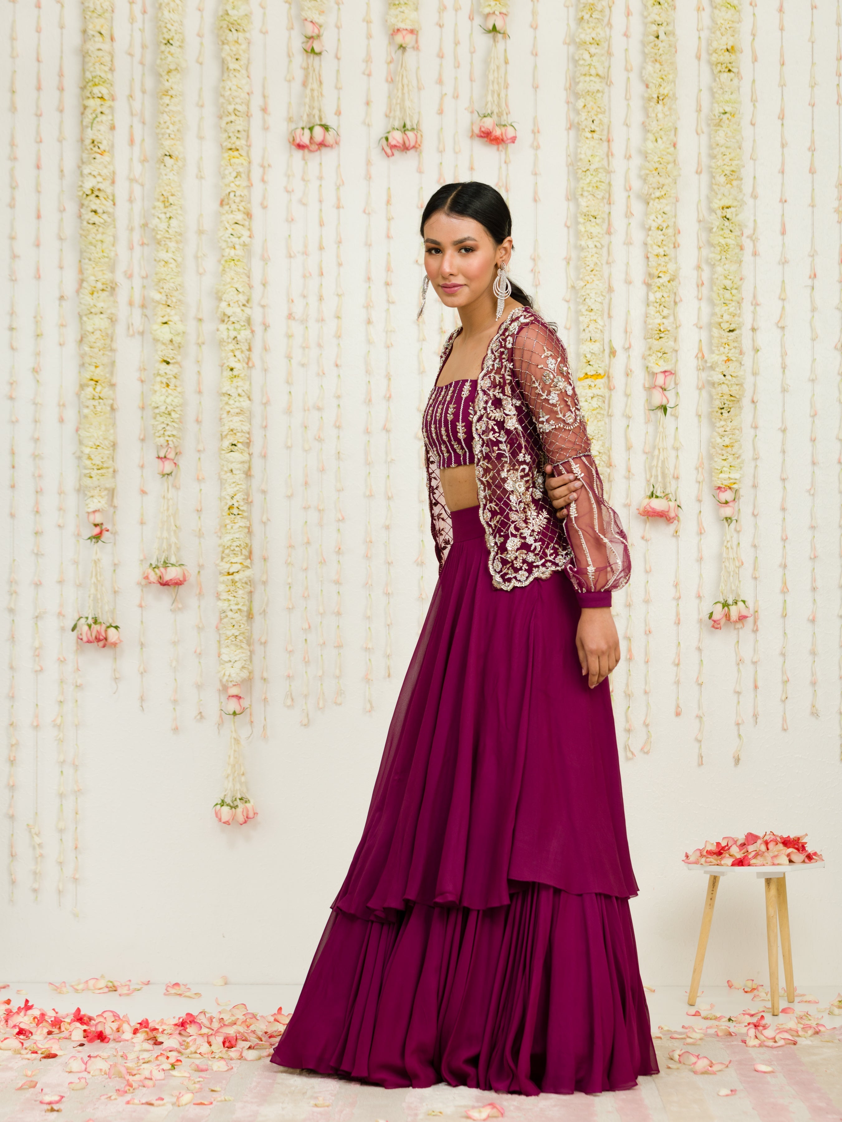 Plum Embroidered Jacket Bustier And Skirt Set