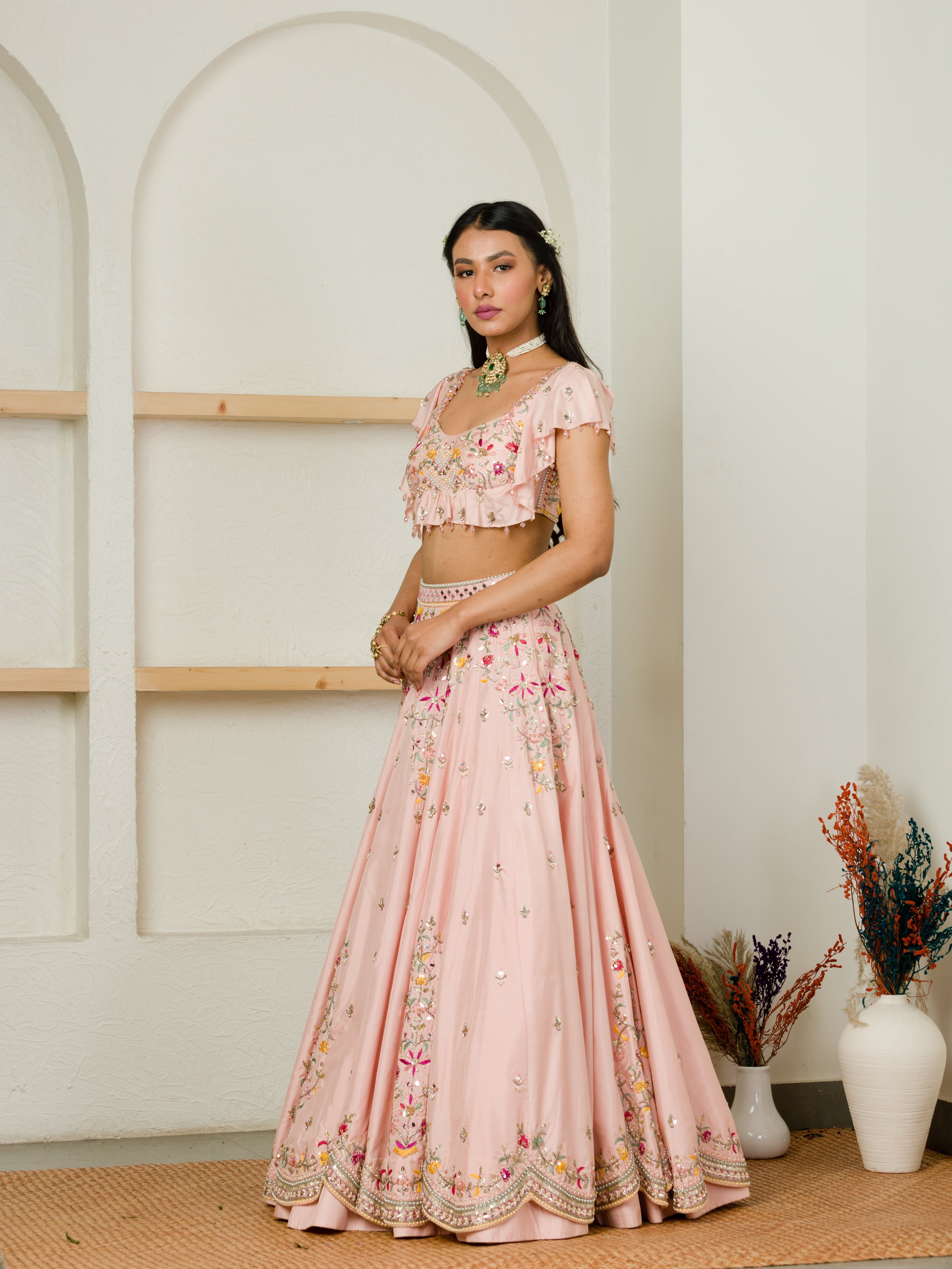 Soft Pink Multi Color Embroidered Ruffle Blouse And Lehenga Set
