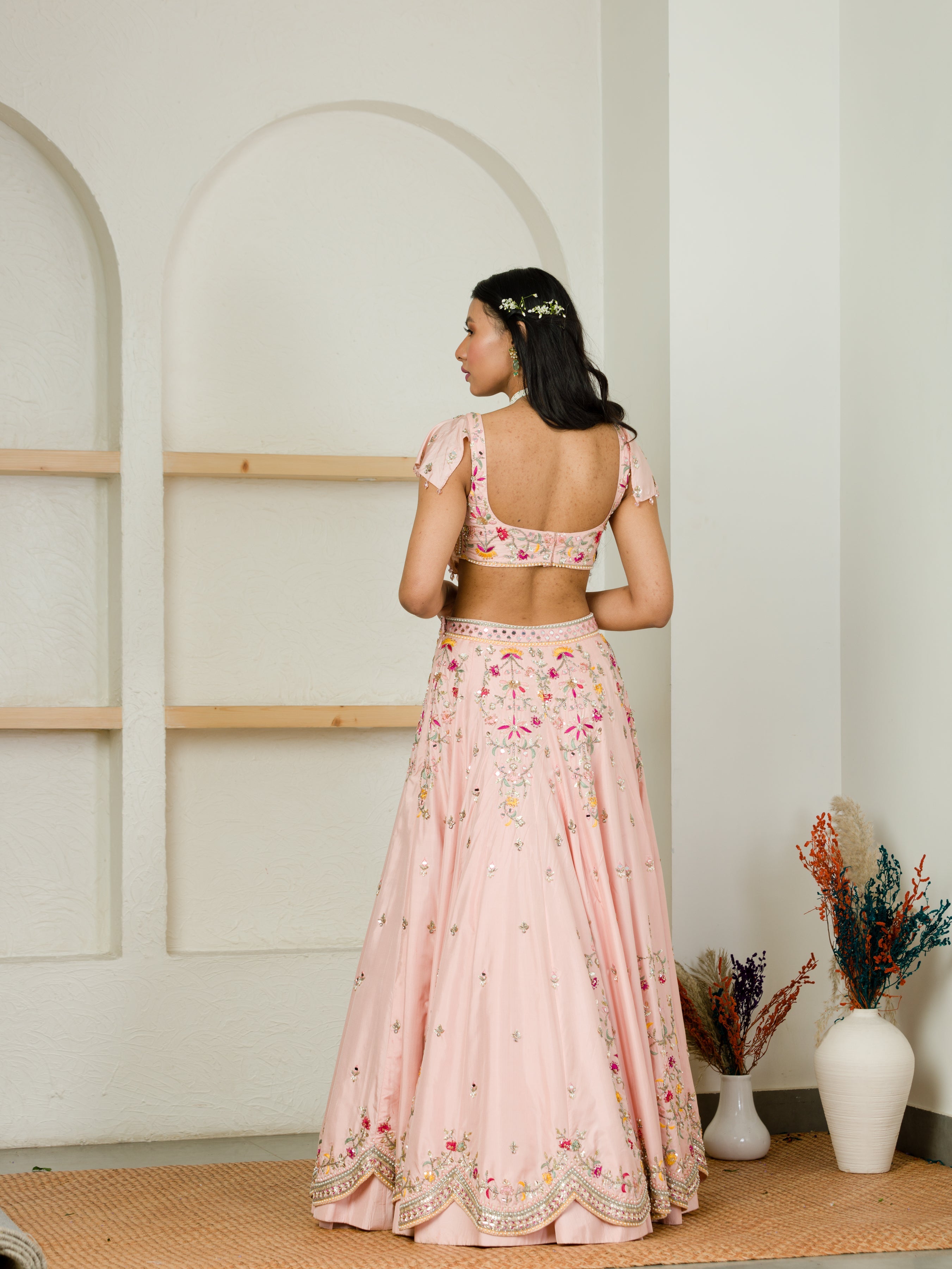 Soft Pink Multi Color Embroidered Ruffle Blouse And Lehenga Set