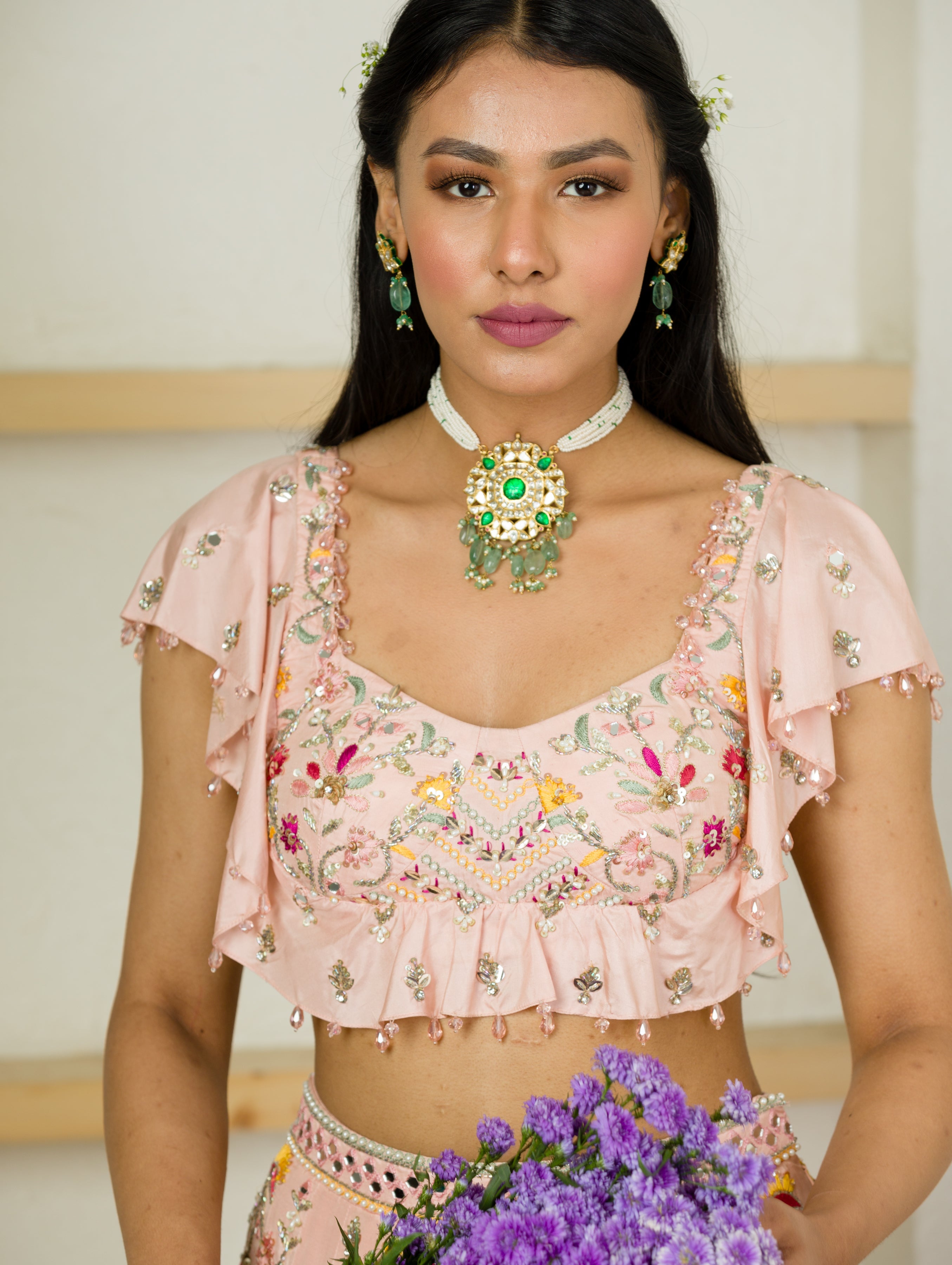 Soft Pink Multi Color Embroidered Ruffle Blouse And Lehenga Set