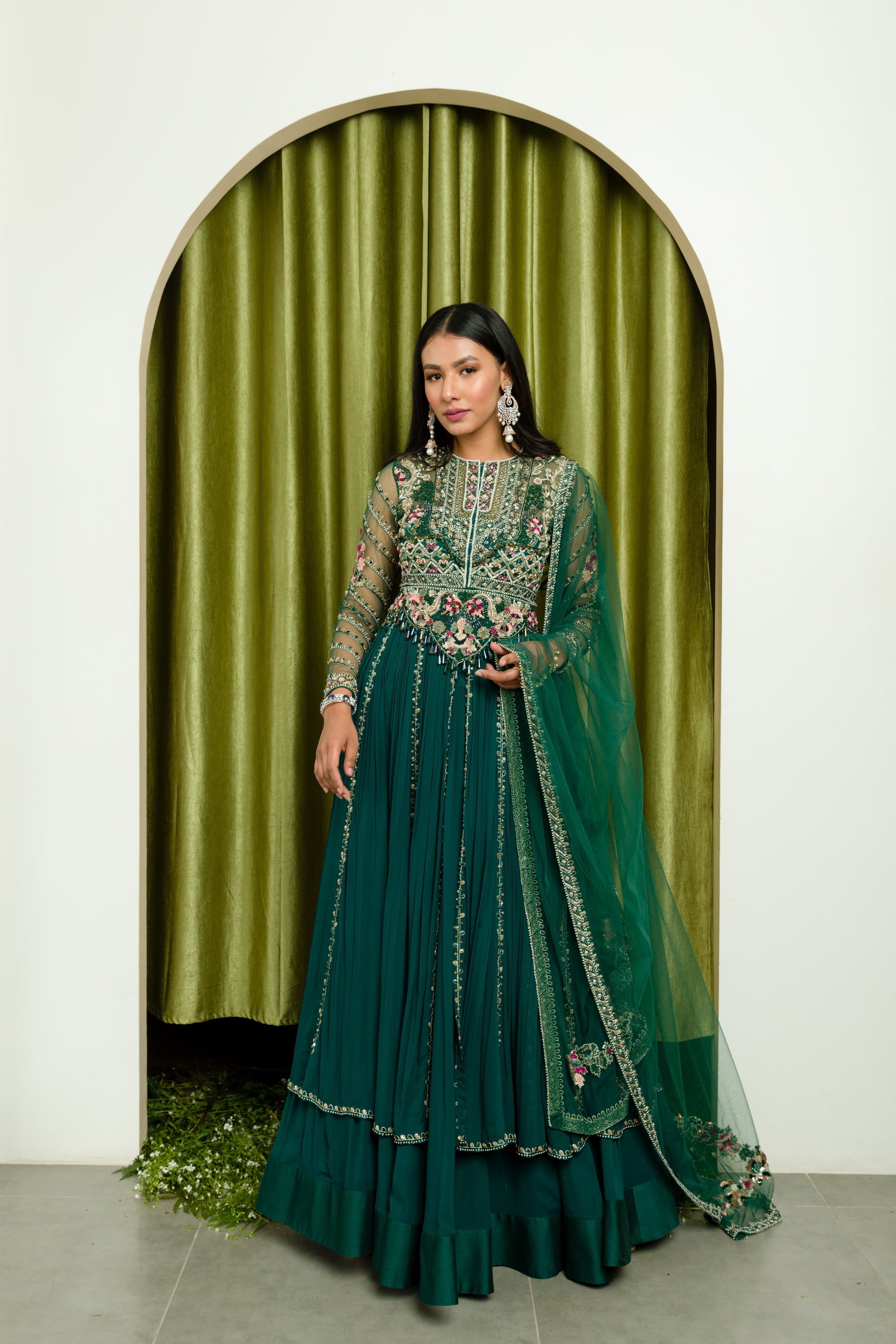 Teal Green Front Open Long Jacket And Skirt Set