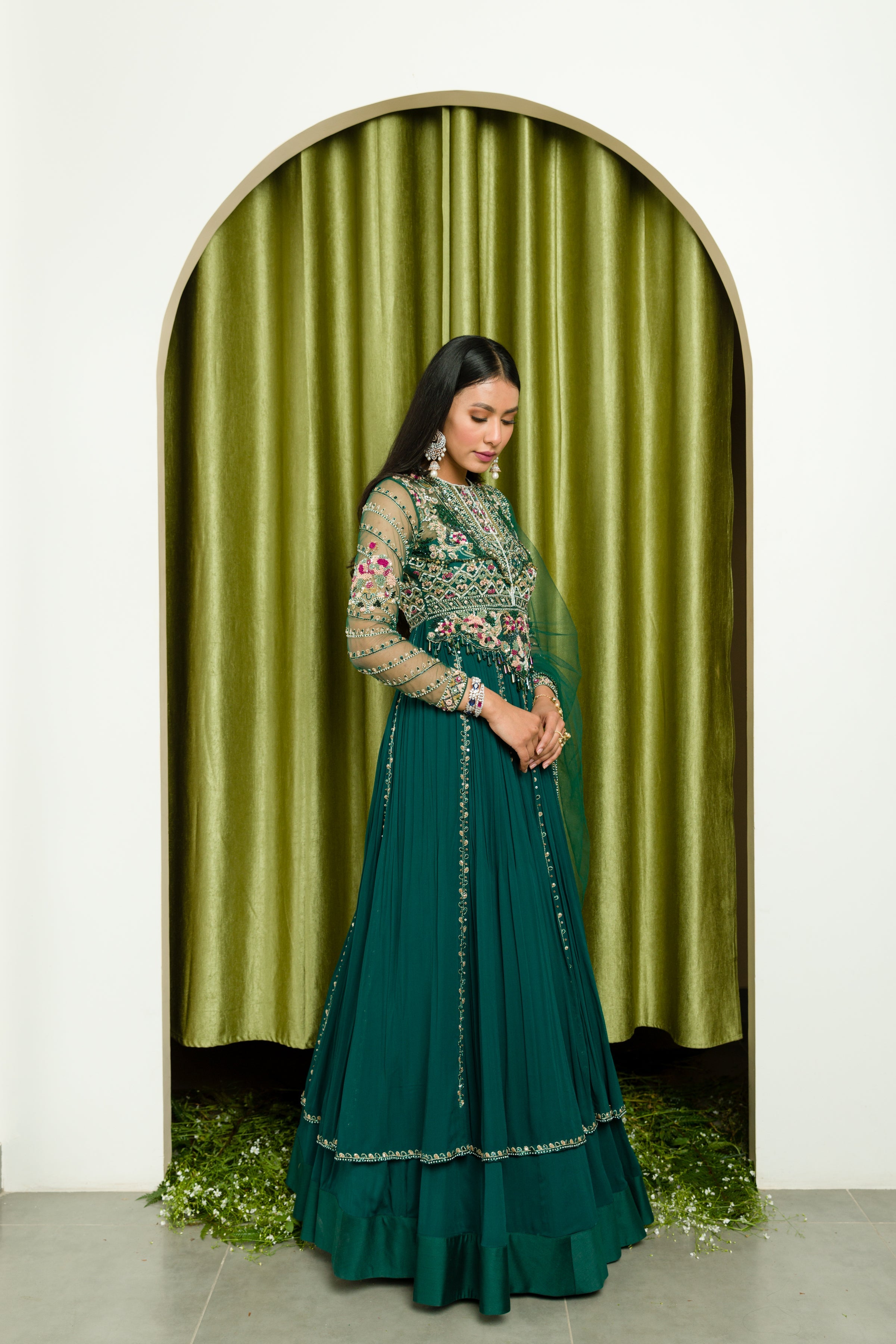 Teal Green Front Open Long Jacket And Skirt Set