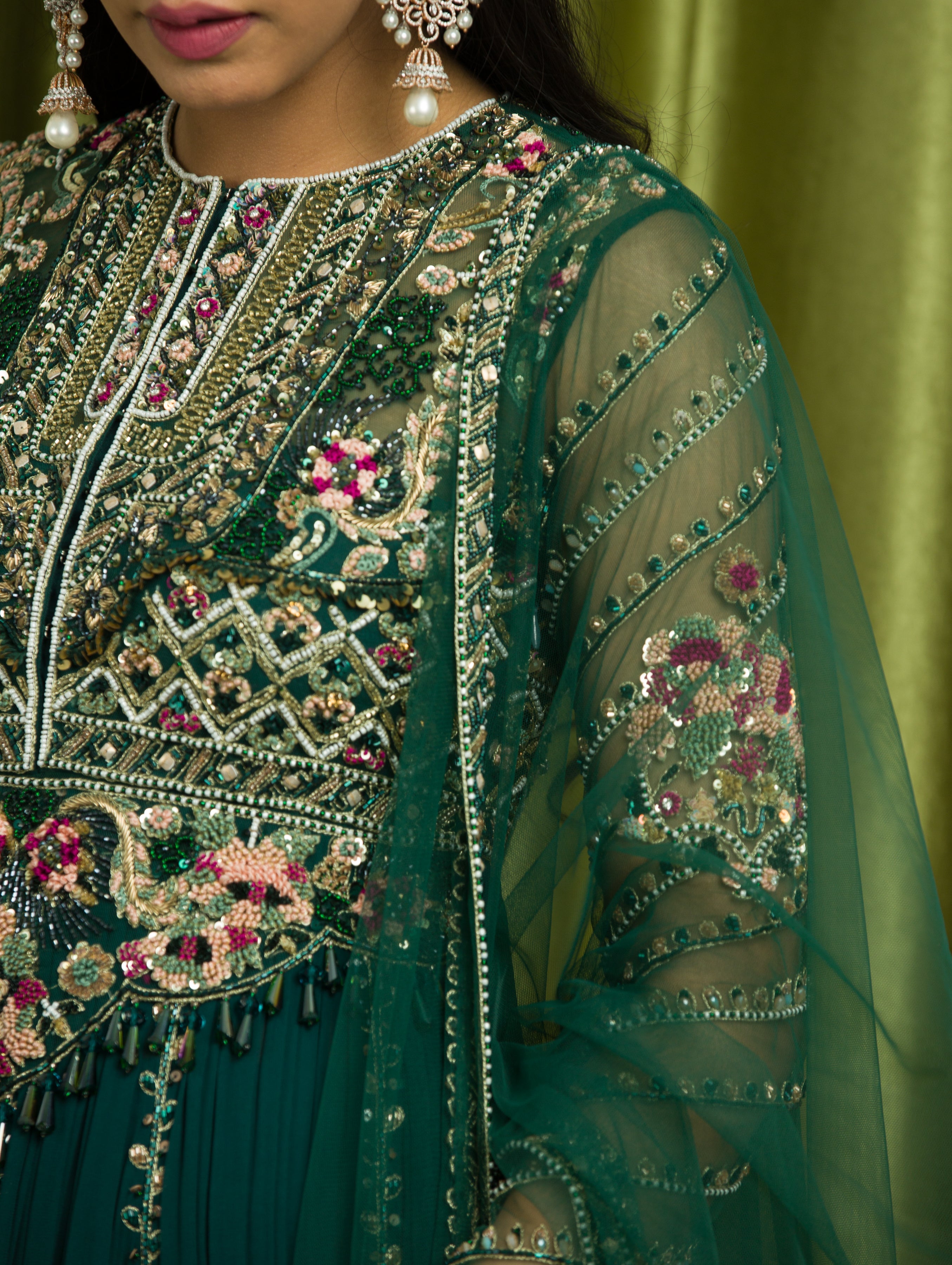 Teal Green Front Open Long Jacket And Skirt Set