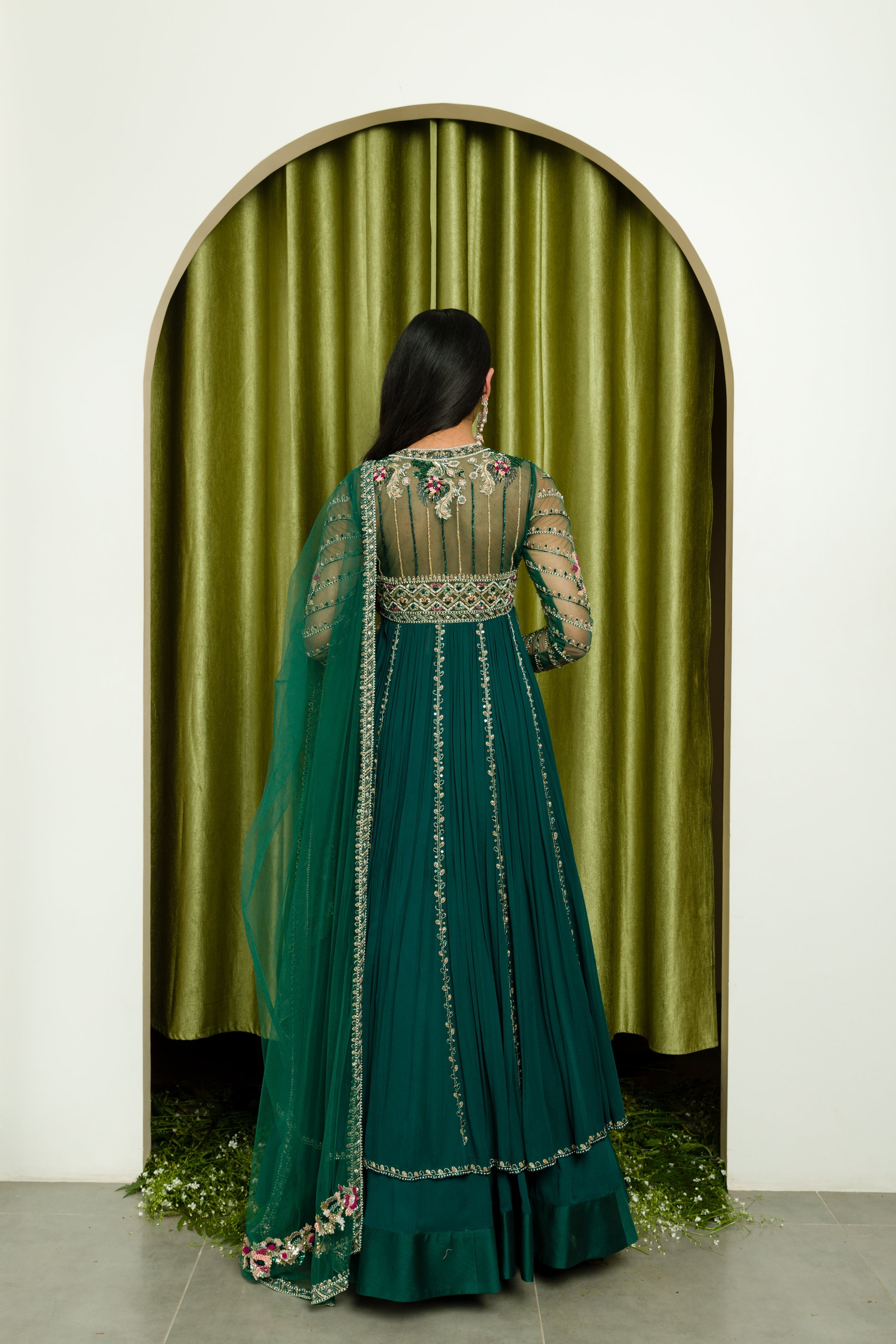 Teal Green Front Open Long Jacket And Skirt Set