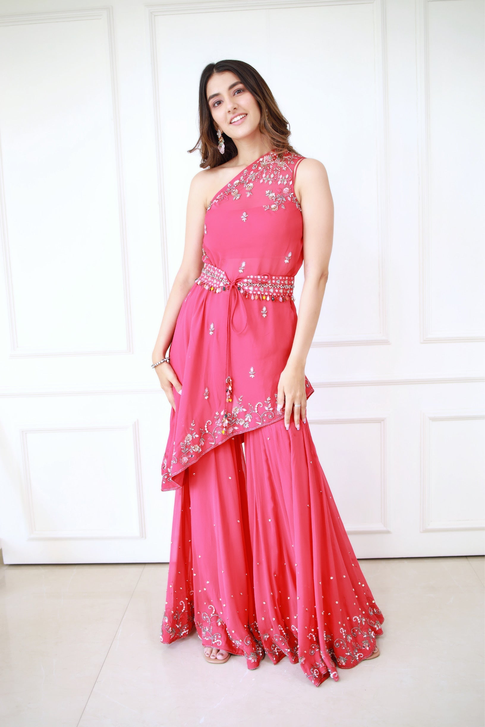 Meher In Coral Red One Shoulder Sharara