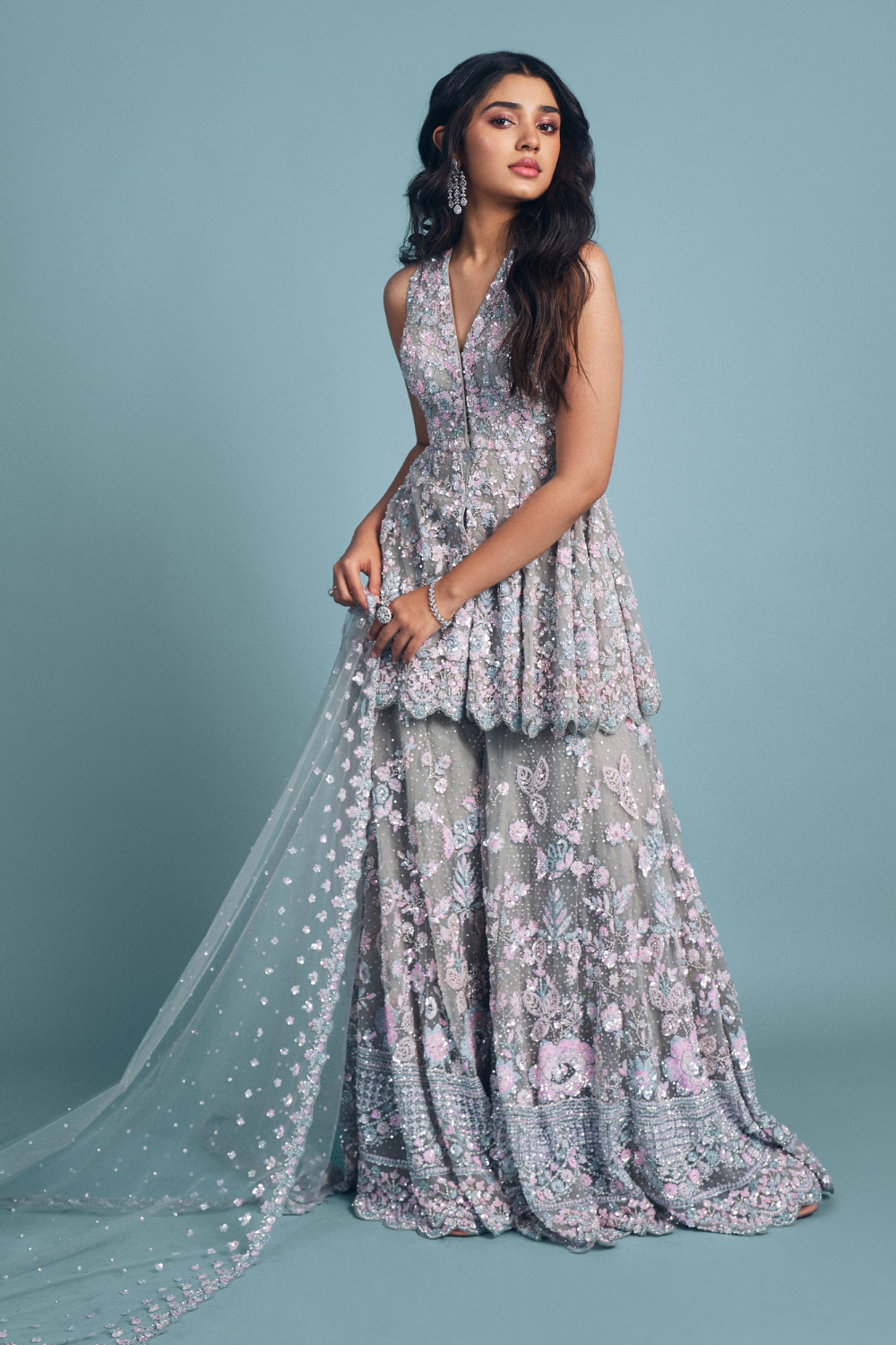 Krithi Shetty In Ash Grey Floral Sharara Set