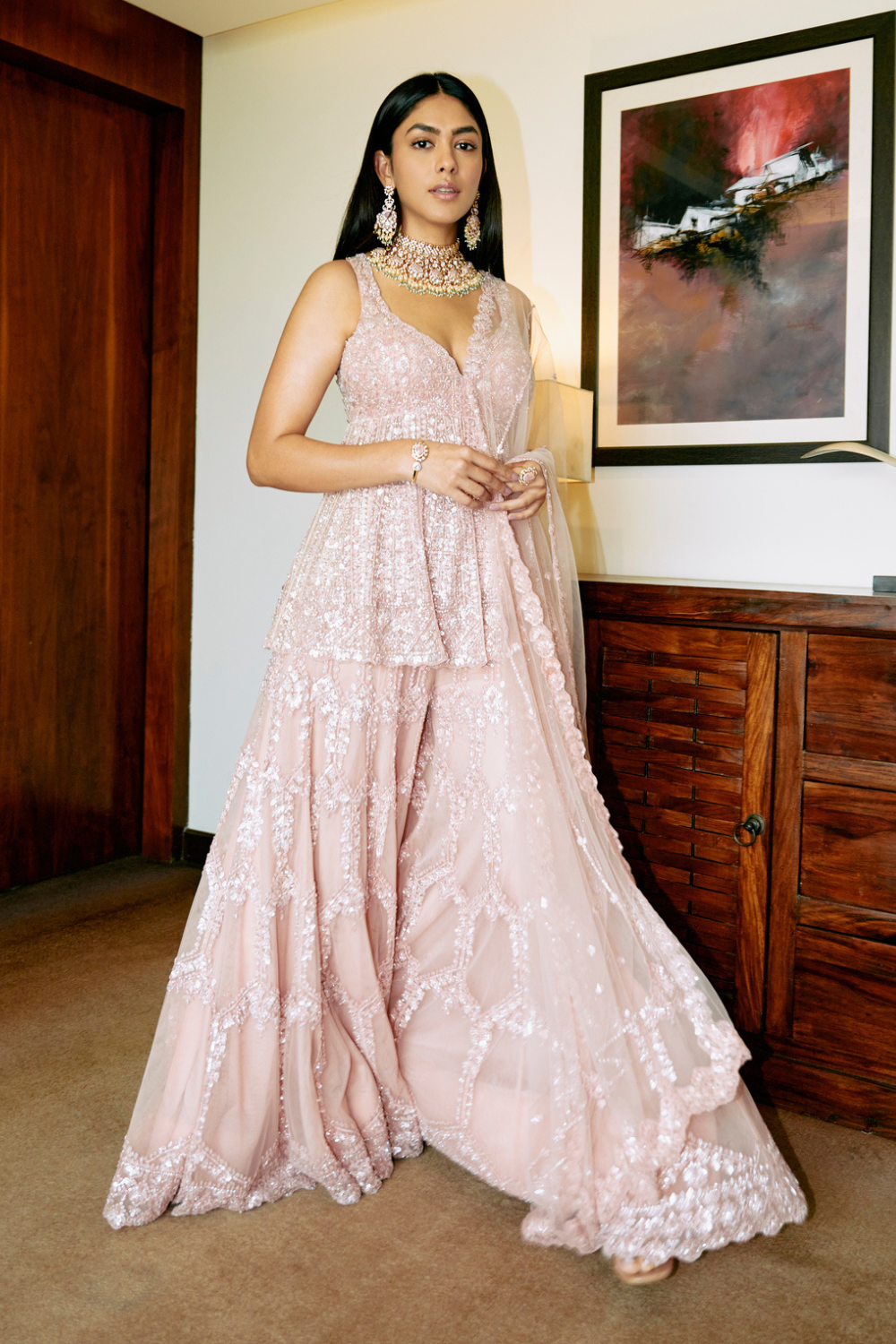 Mrunal Thakur In Rose Pink Sequin Sharara Set
