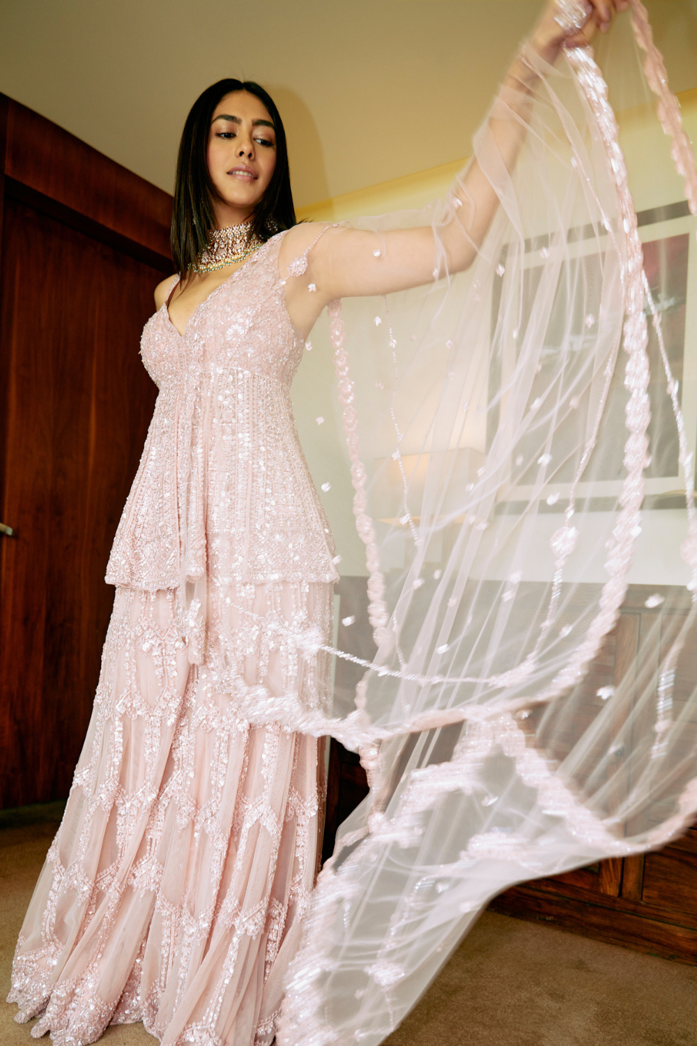 Mrunal Thakur In Rose Pink Sequin Sharara Set