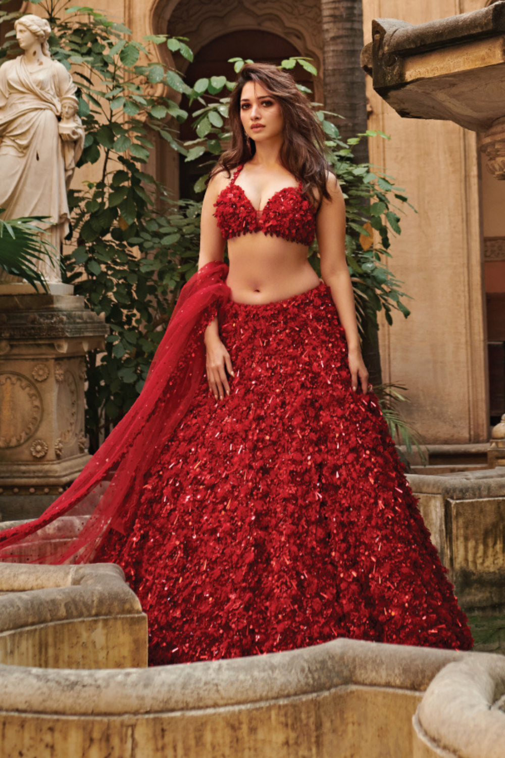 Tamannaah Bhatia In Red Three-Dimensional Lehenga Set
