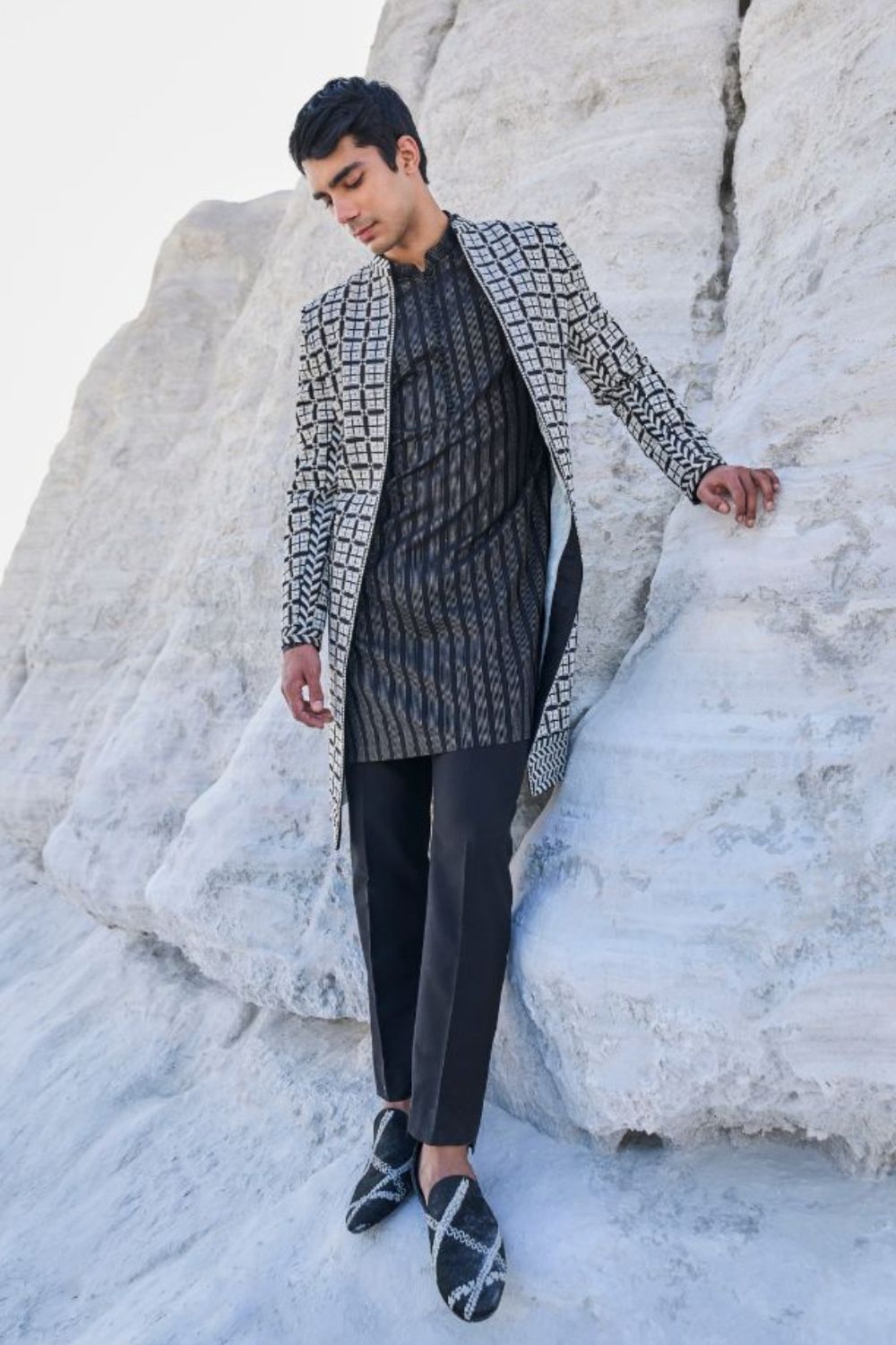 Black & White Open Sherwani Set