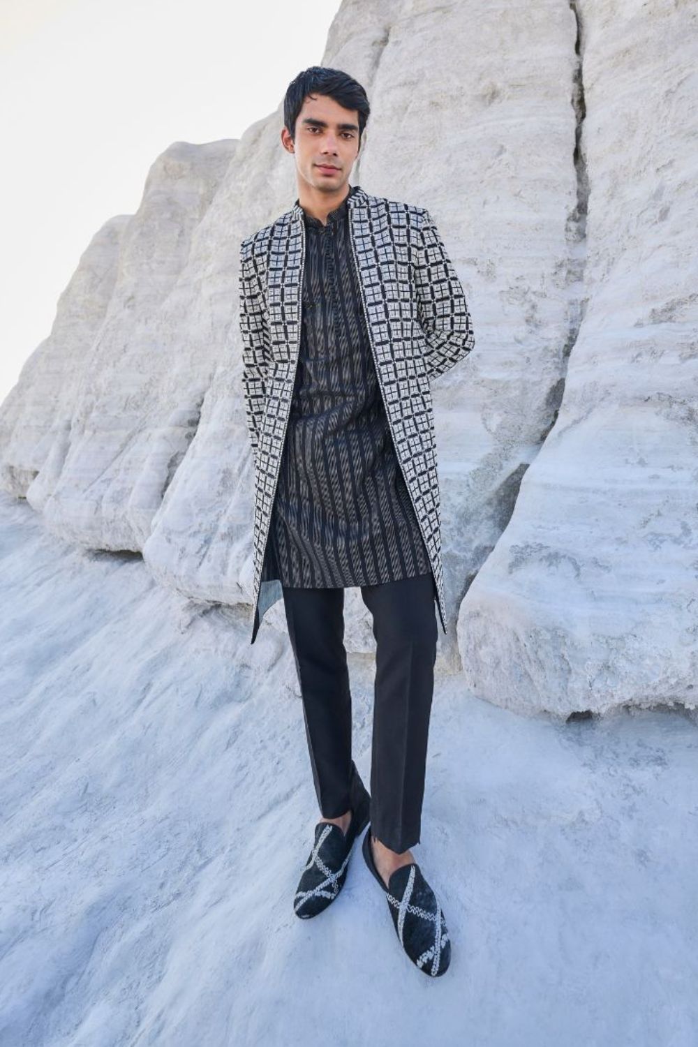 Black & White Open Sherwani Set