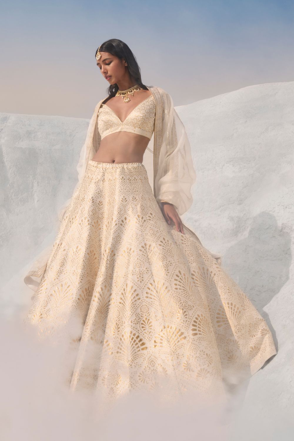 Cream Gold Cut Work Lehenga Set