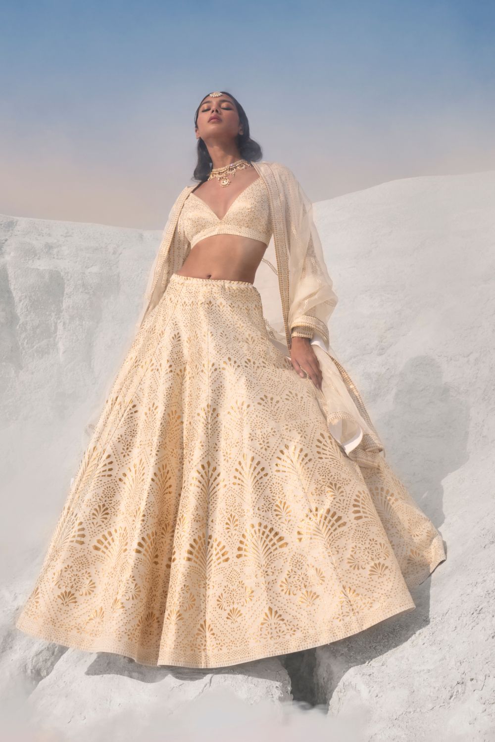 Cream Gold Cut Work Lehenga Set