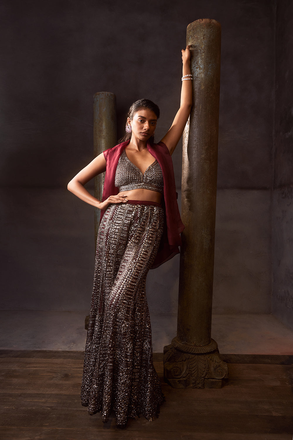 Dark Maroon Sharara Pant Set