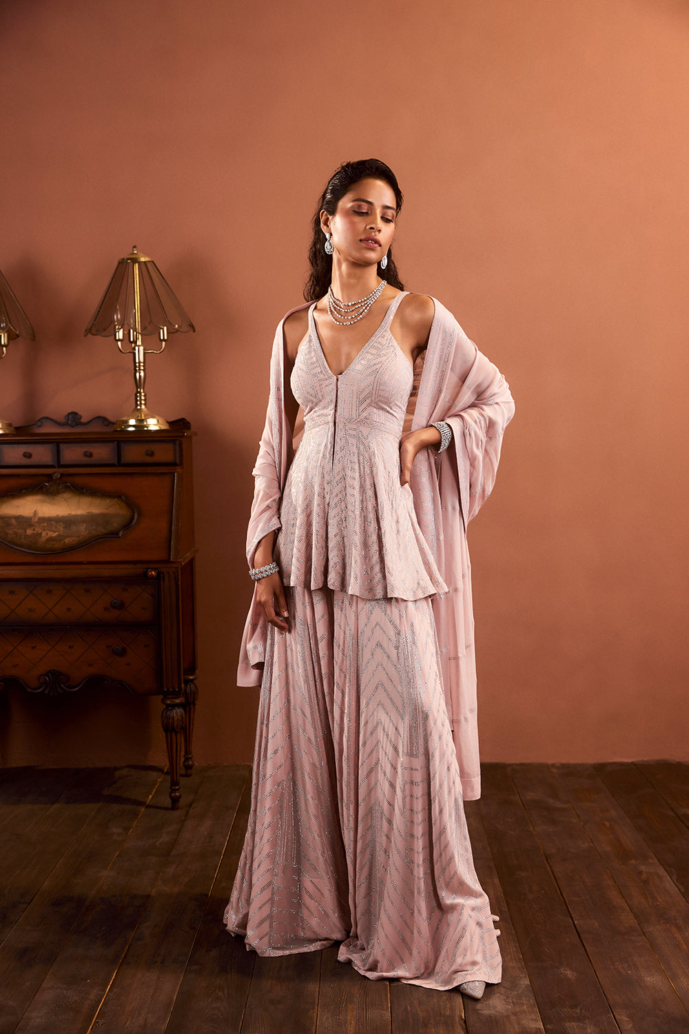 Dusty Pink Crystal Sharara Set