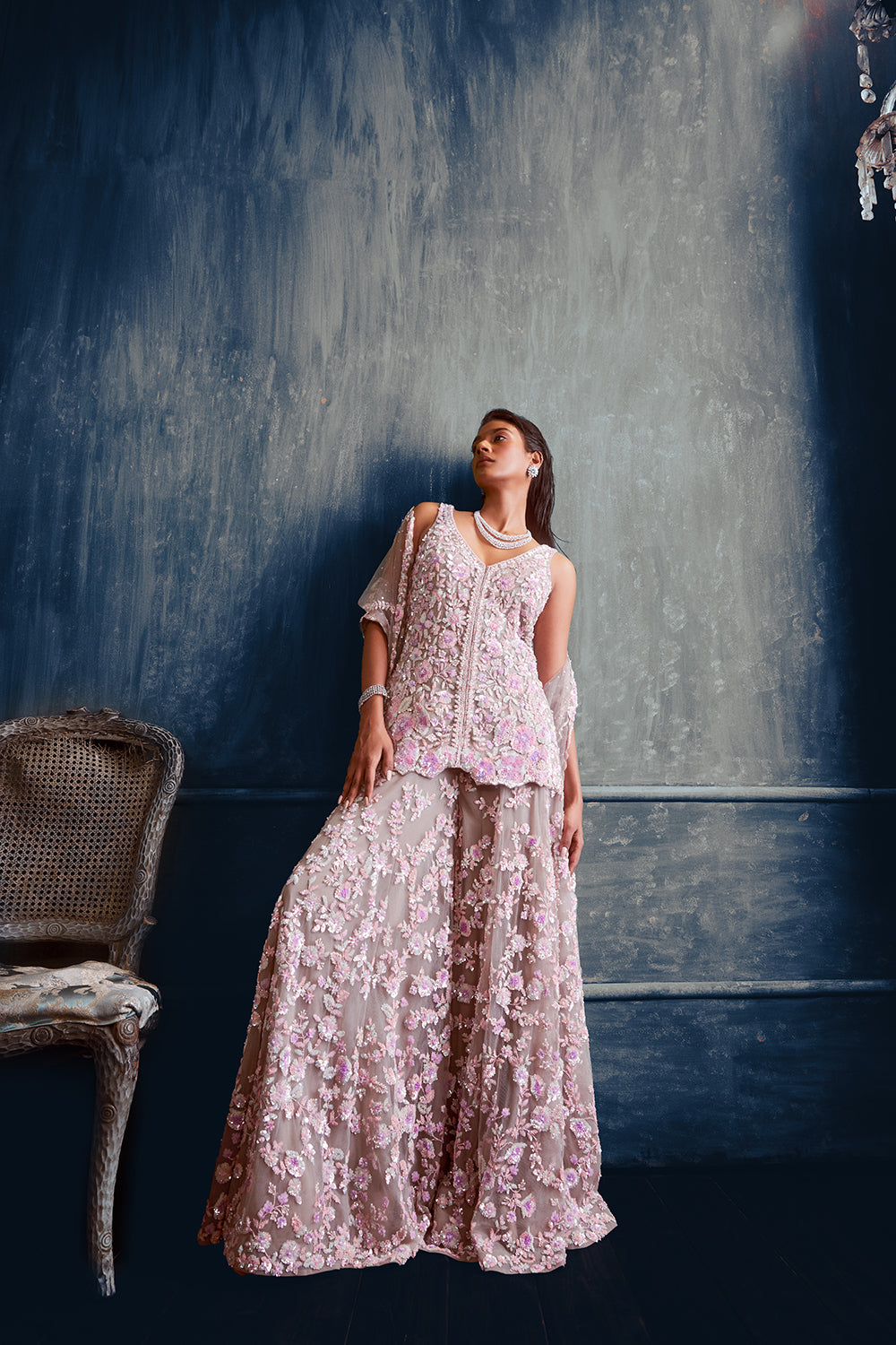 Pastel Floral Sequin Sharara Set