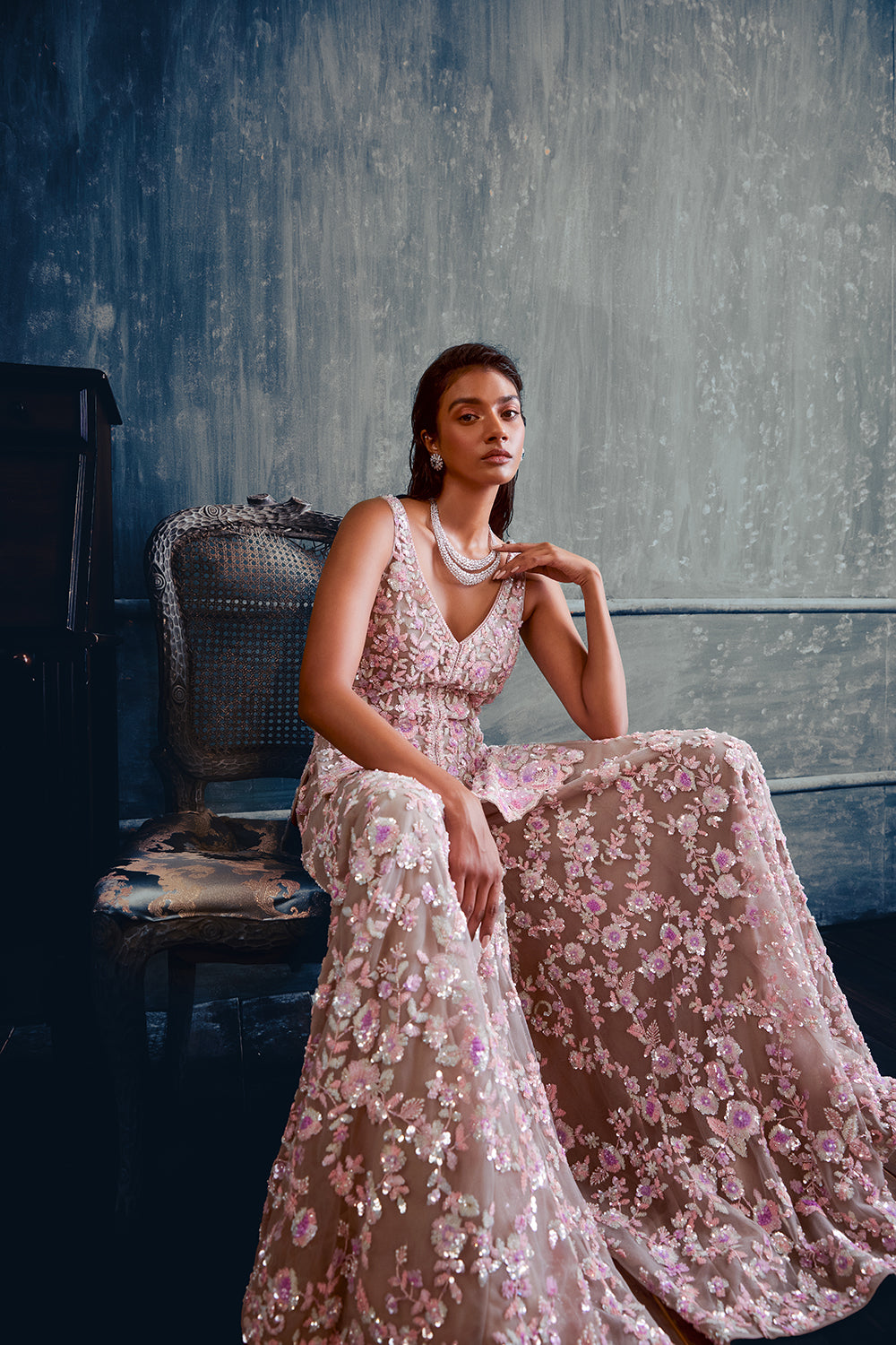 Pastel Floral Sequin Sharara Set