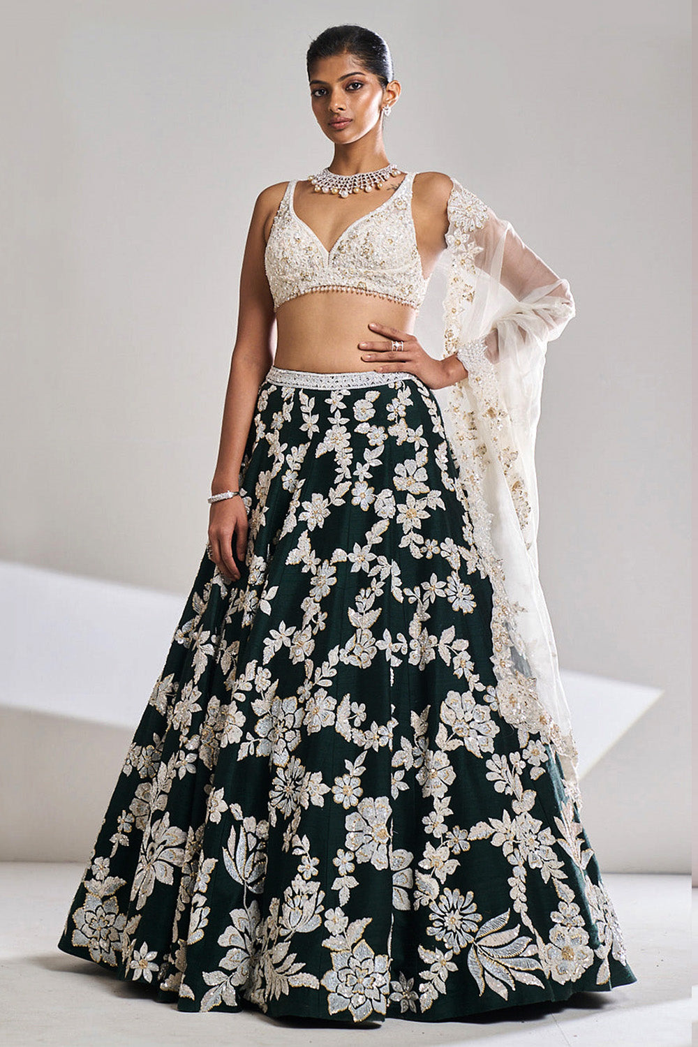 Bottle Green Pearl Lehenga Set