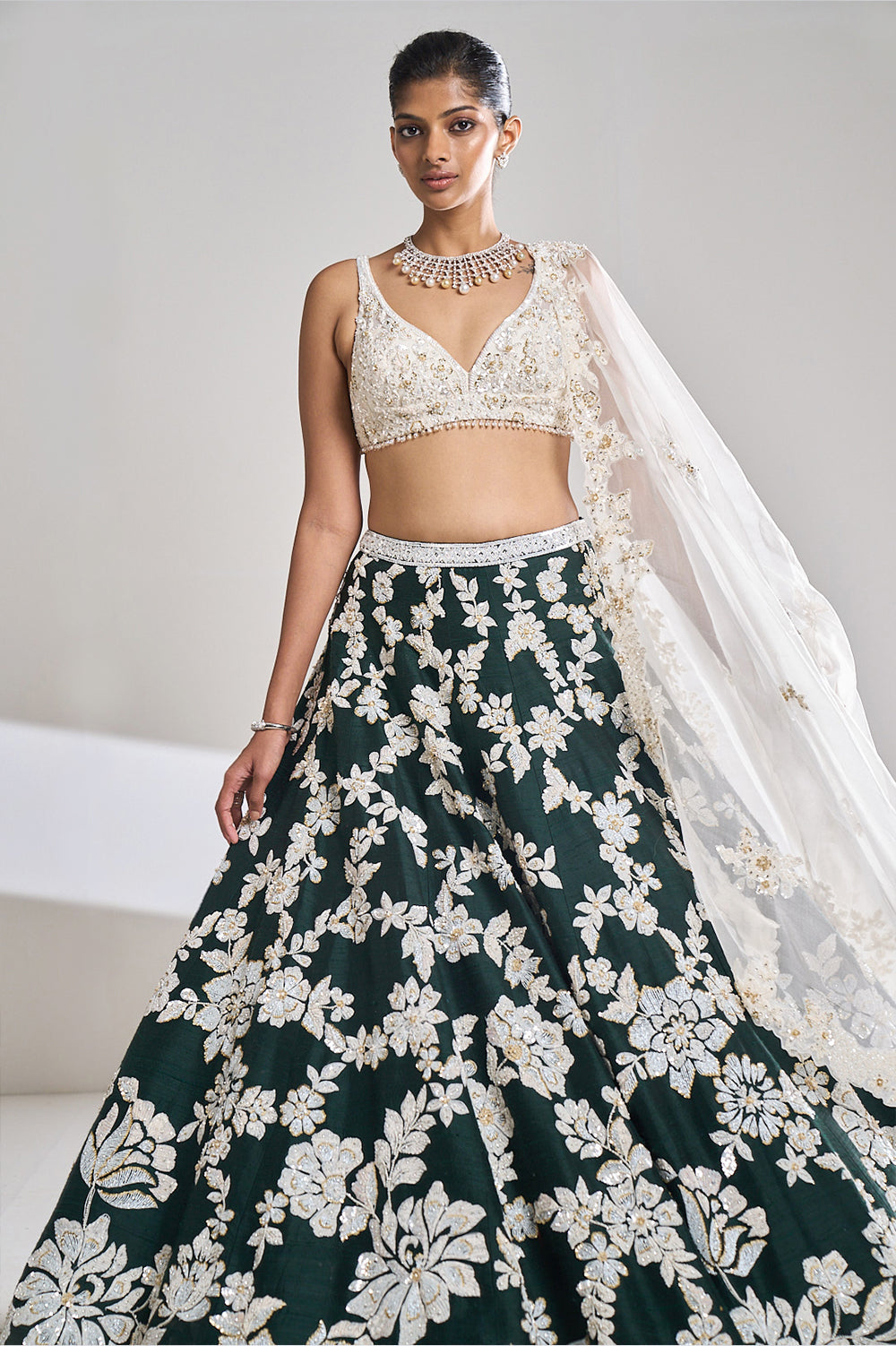Bottle Green Pearl Lehenga Set