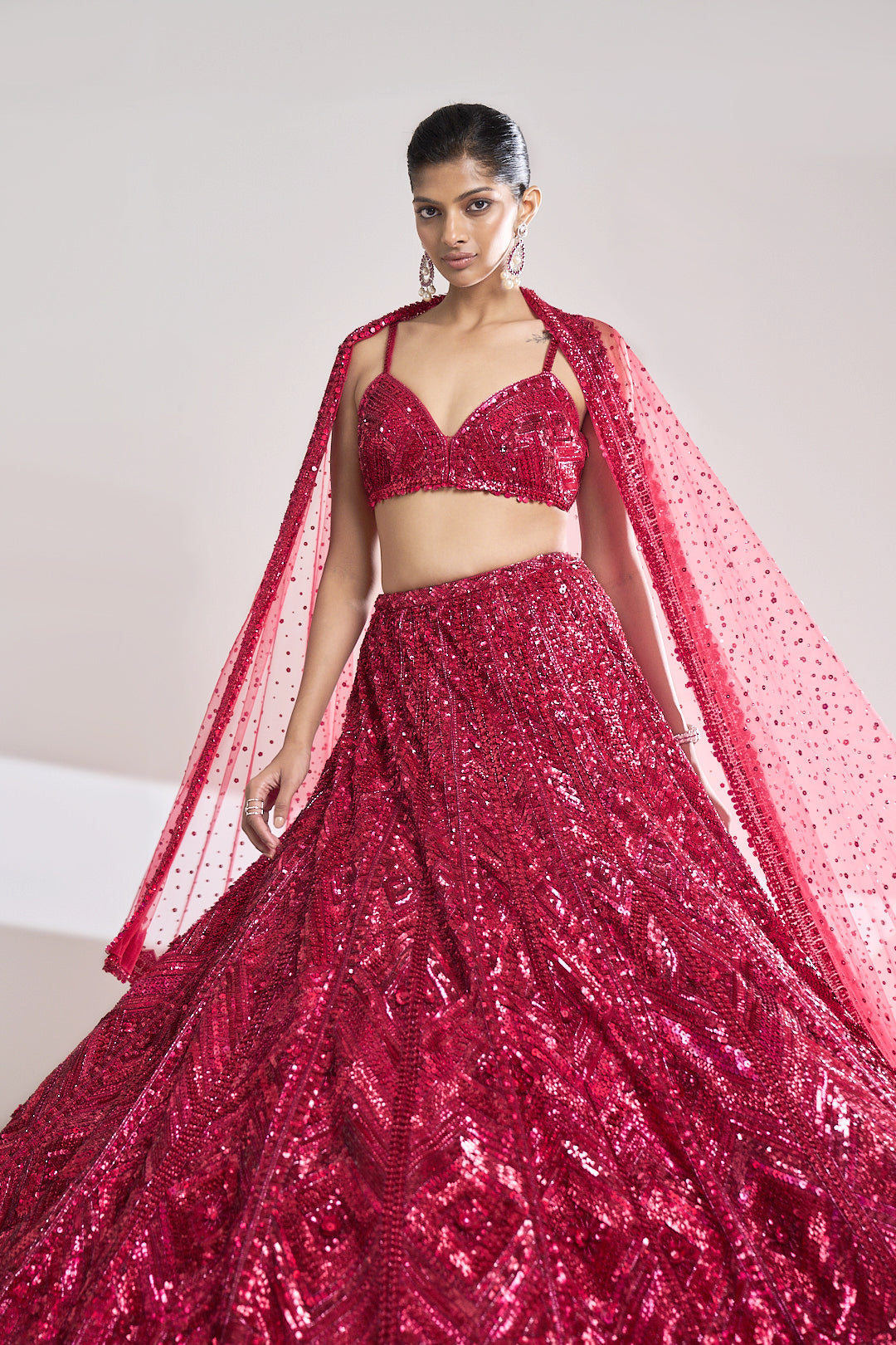 Fuschia Red Sequin Lehenga Set