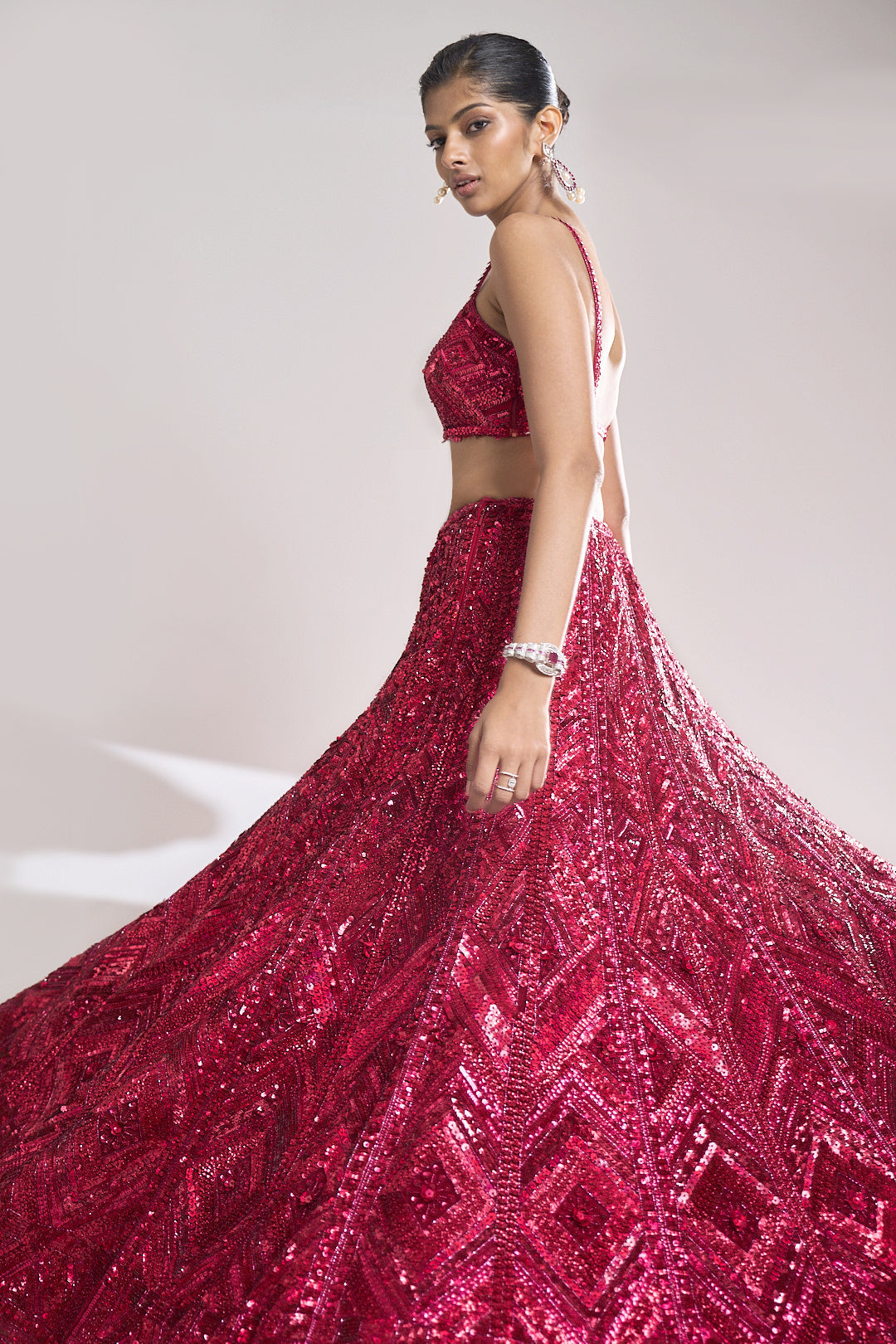 Fuschia Red Sequin Lehenga Set