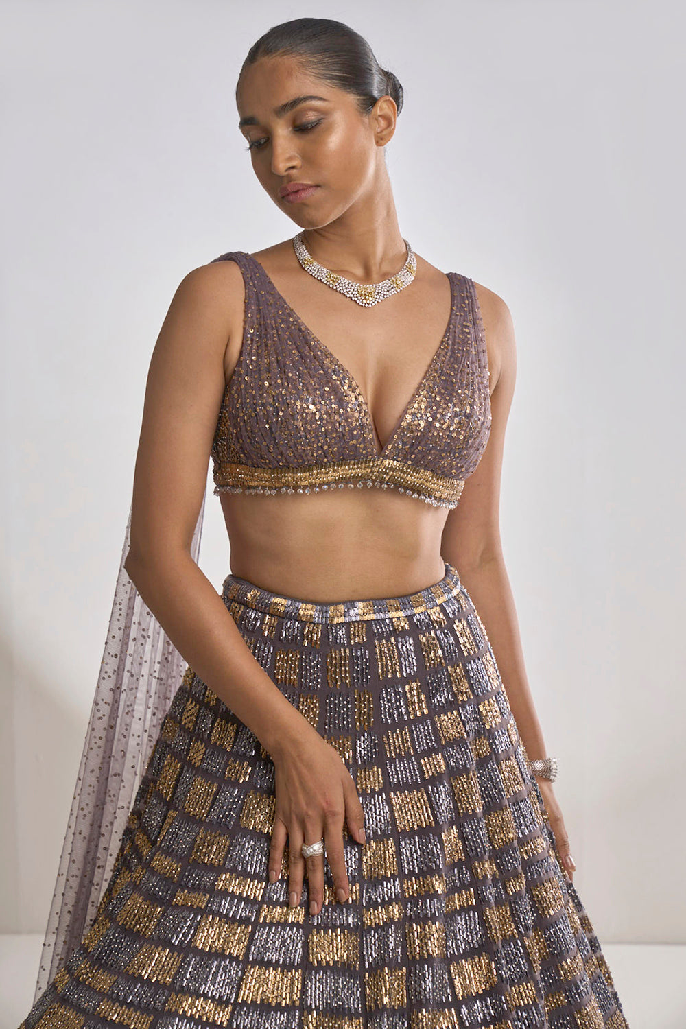Grey Gold Sequin Lehenga Set