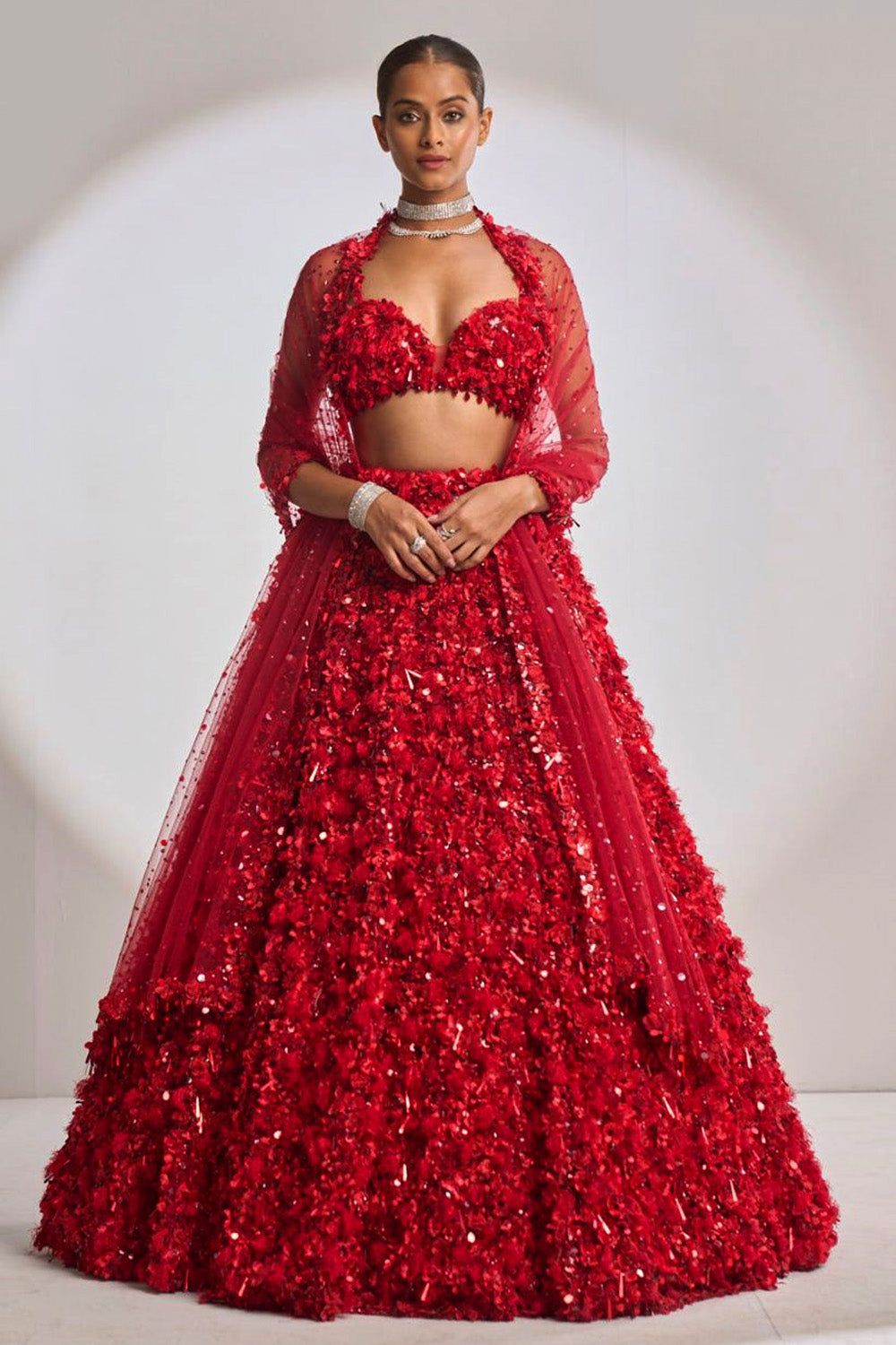 Red Three-Dimensional Lehenga Set