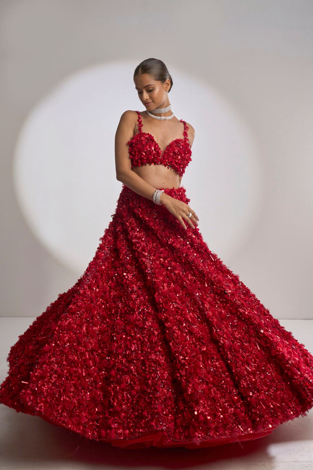 Red Three-Dimensional Lehenga Set