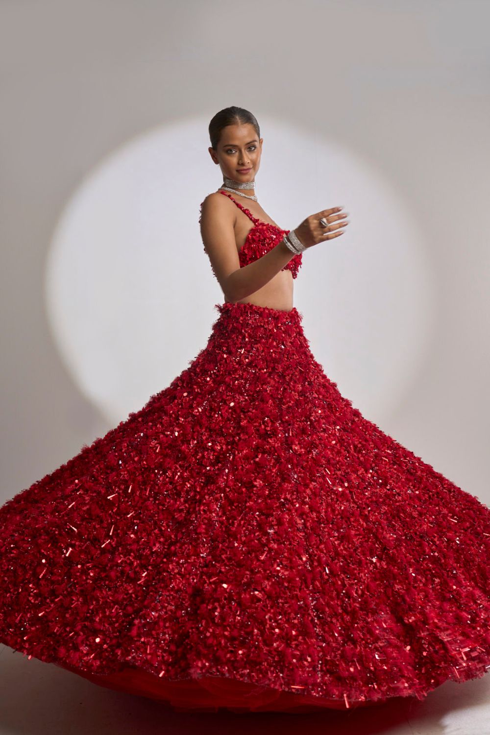 Red Three-Dimensional Lehenga Set