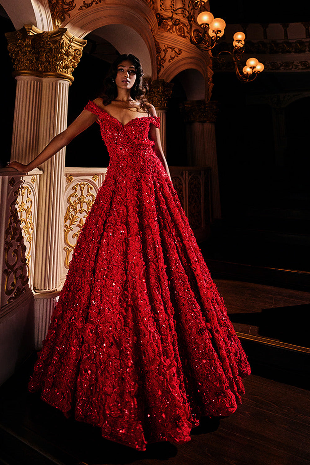 Red Three-Dimensional Off shoulder Gown