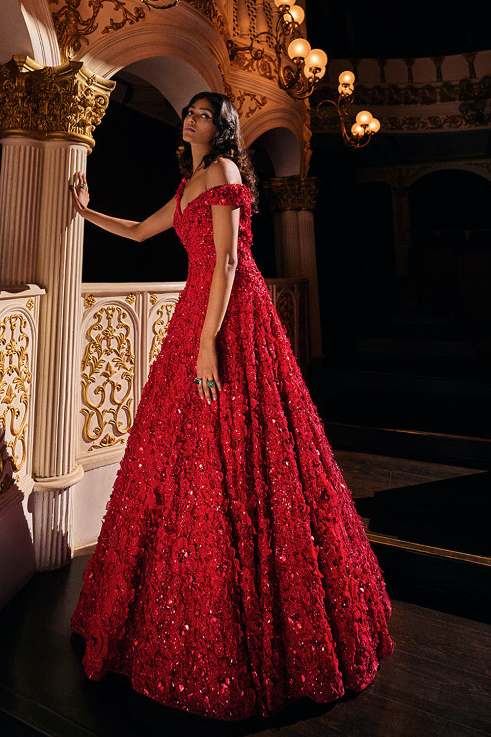 Red Three-Dimensional Off shoulder Gown