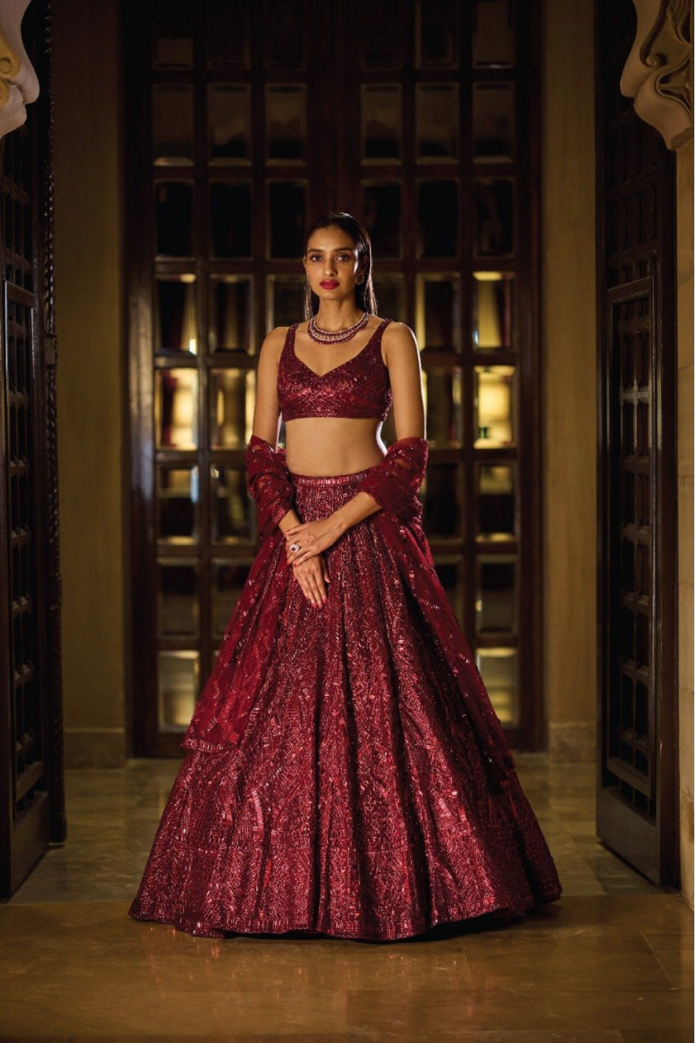 Deep Maroon Sequin Lehenga Set