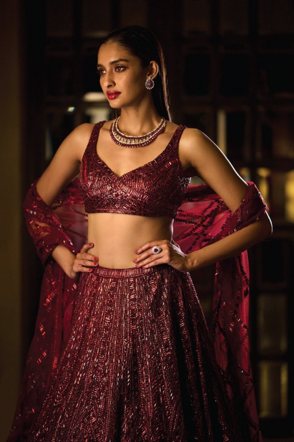 Deep Maroon Sequin Lehenga Set