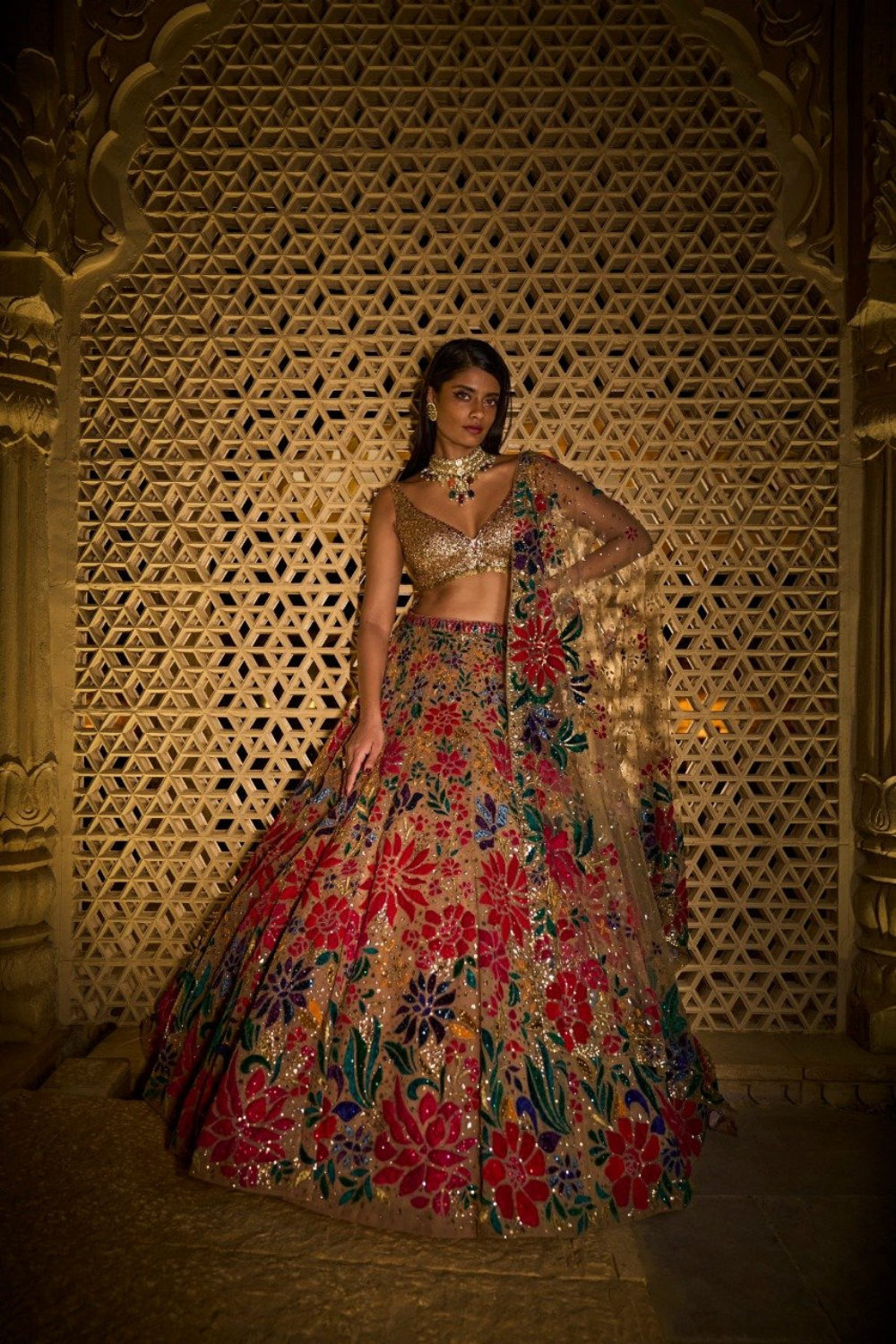 Gold Multi-Coloured Floral Lehenga Set