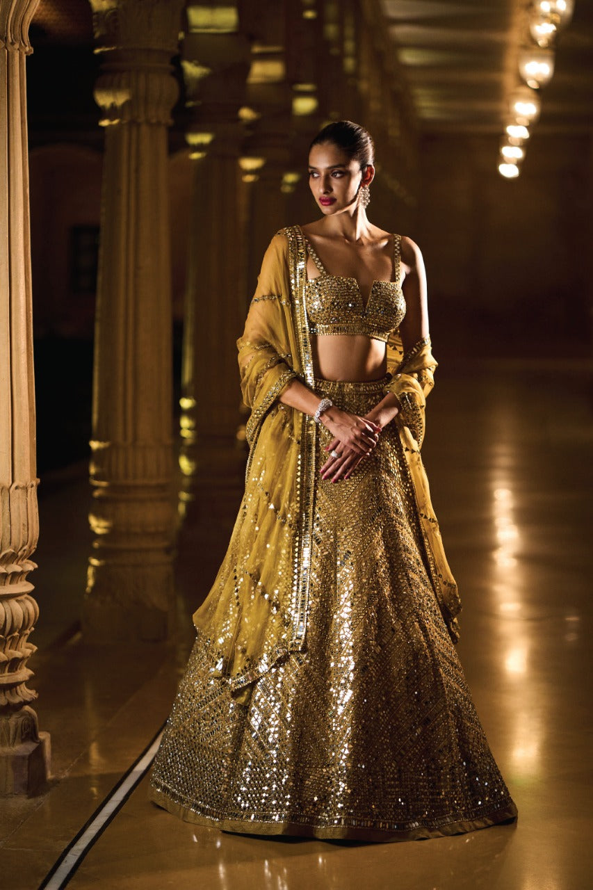 Olive Green Mirror Work Lehenga Set