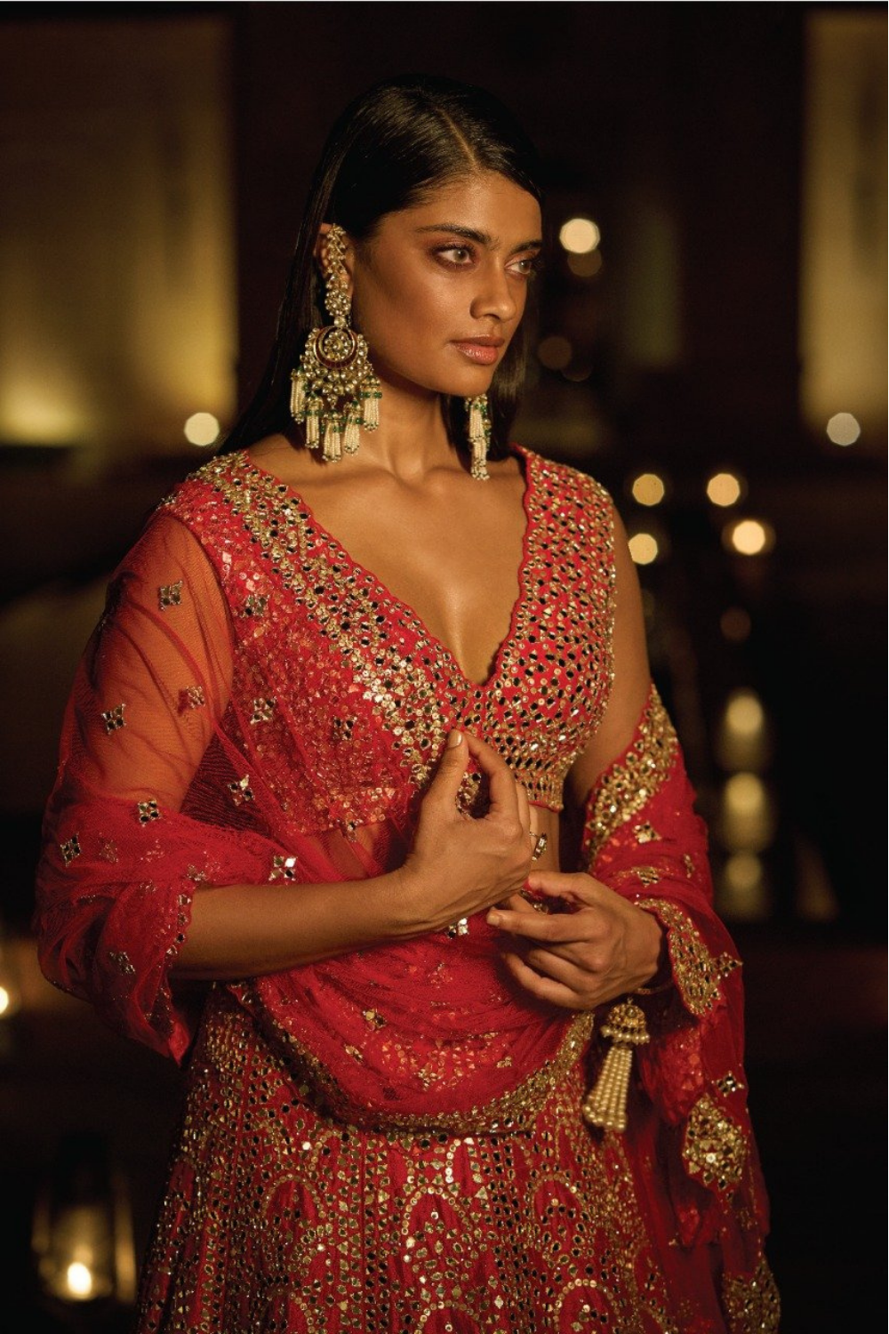 Red Mirror Work Lehenga Set