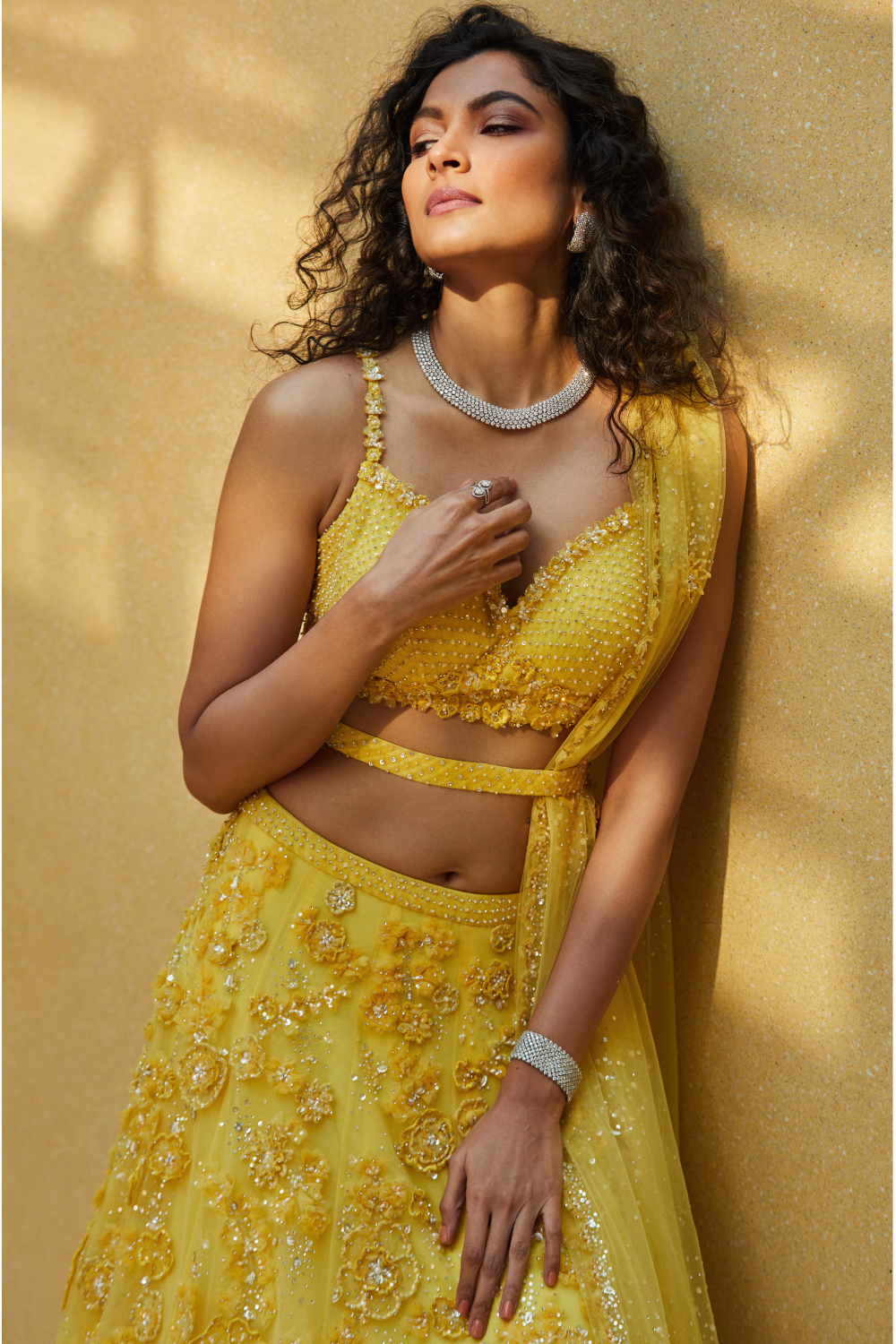 Three-Dimensional Yellow Floral Lehenga Set