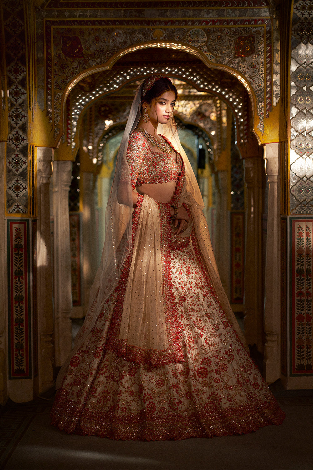 Cream Red Zardozi Lehenga Set