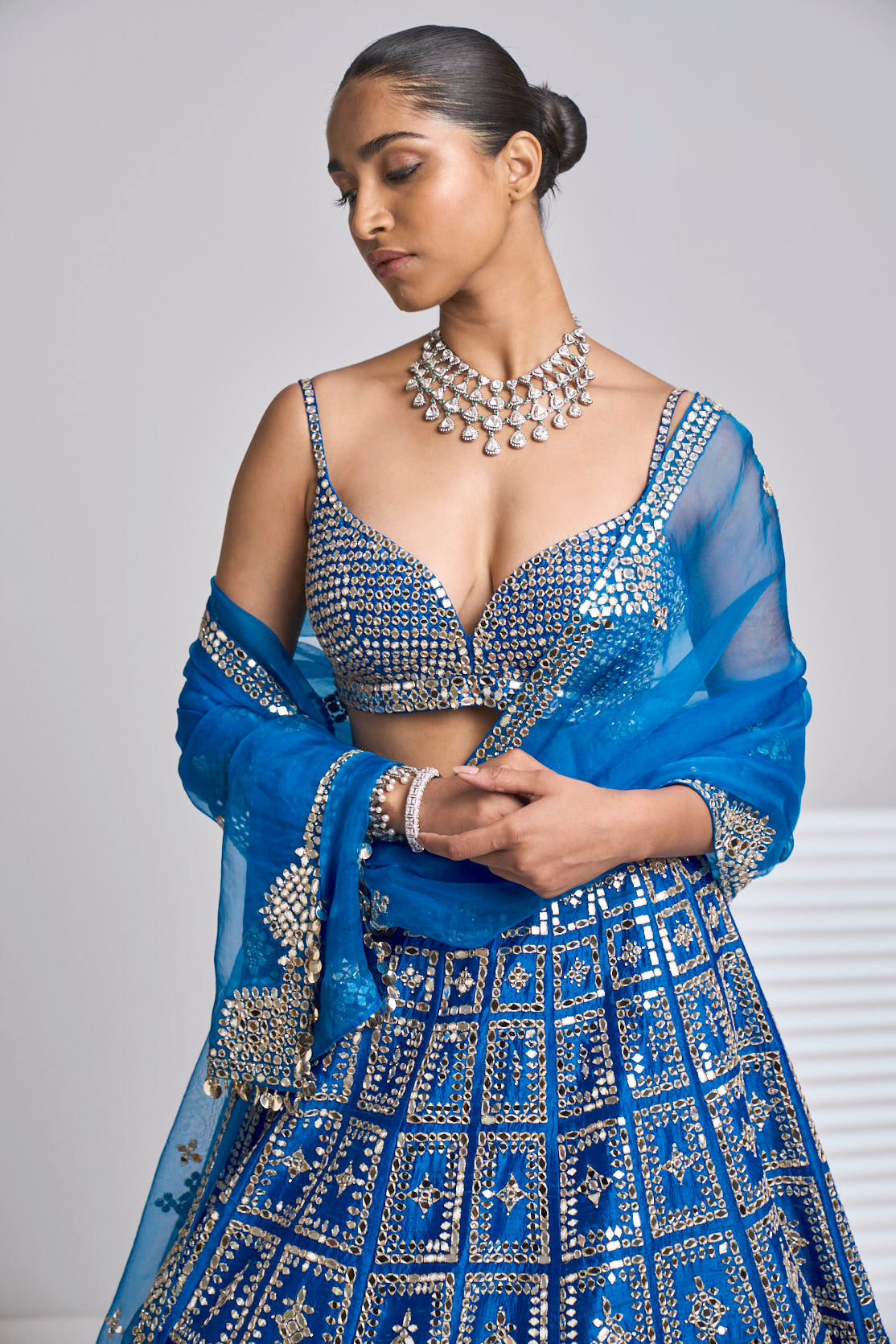 Electric Blue Mirror Work Lehenga Set